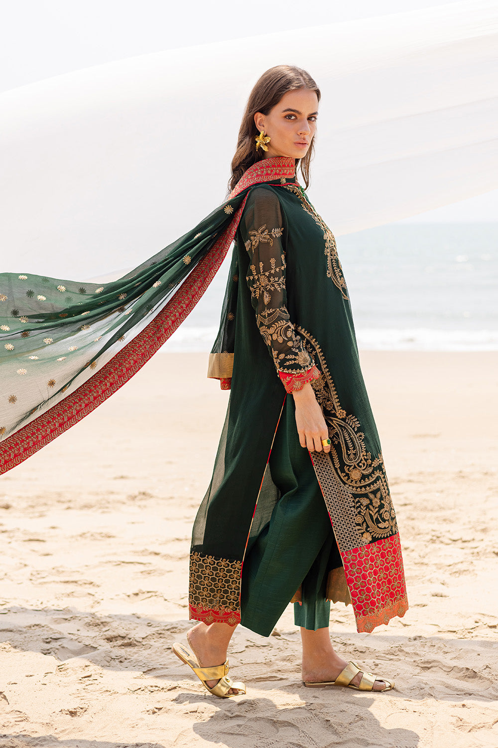 Pakistani Olive Green Embroidered Chiffon & Grip 3-Piece Suit - Image 3