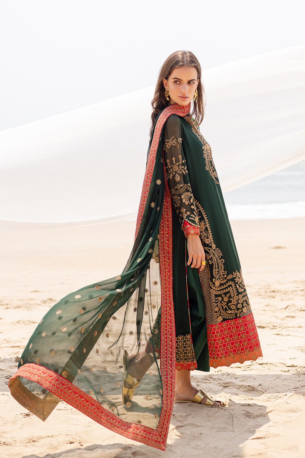 Pakistani Olive Green Embroidered Chiffon & Grip 3-Piece Suit - Image 4