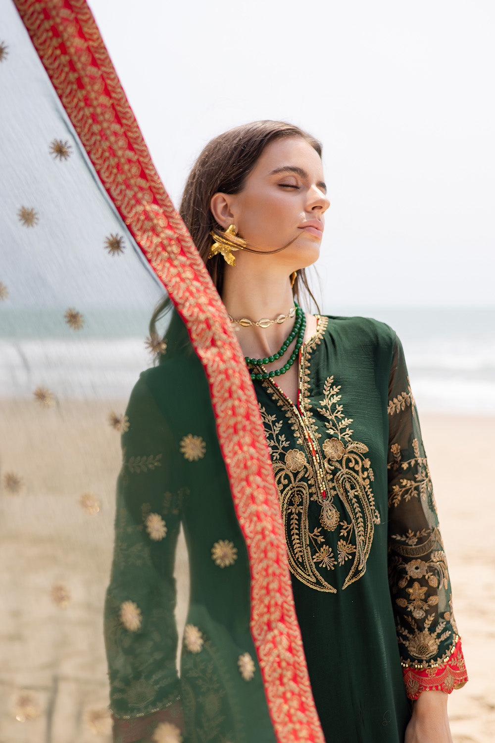 Pakistani Olive Green Embroidered Chiffon & Grip 3-Piece Suit - Image 5