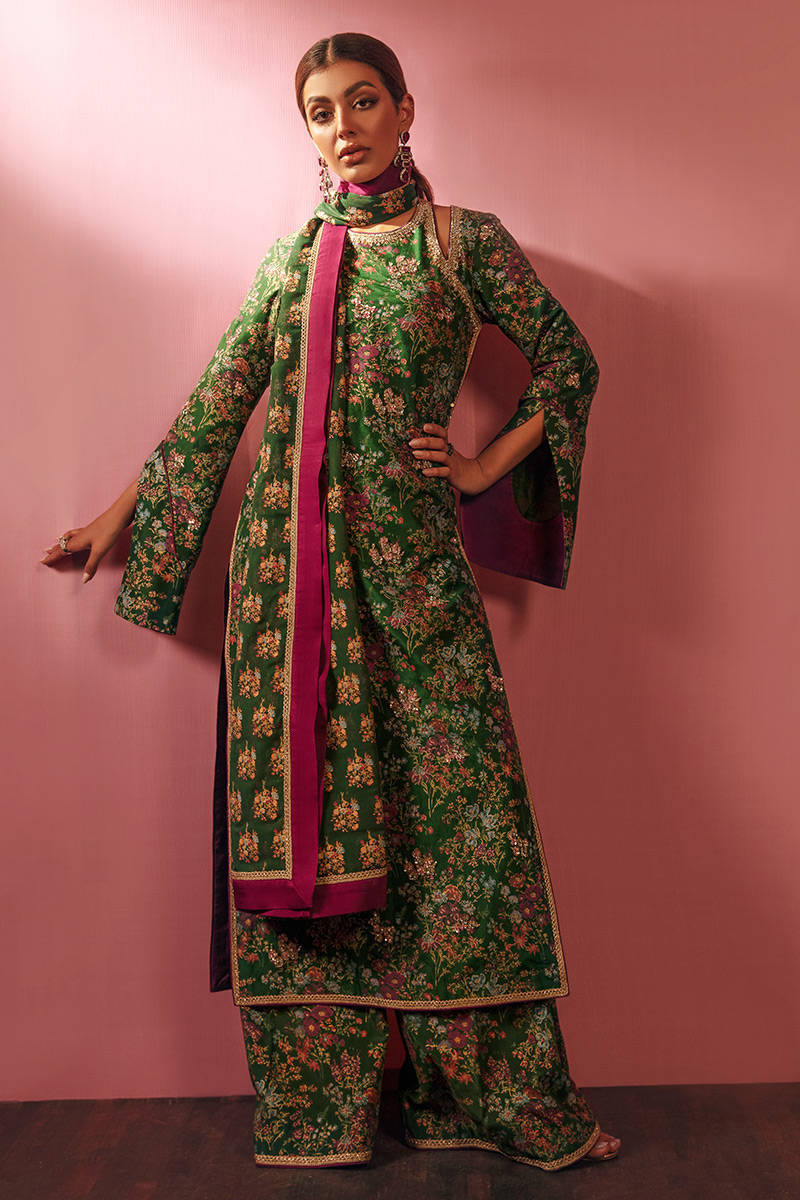 Pakistani Leaf Green Printed Hand-Embellished Long Shirt (3-Piece) - Image 1