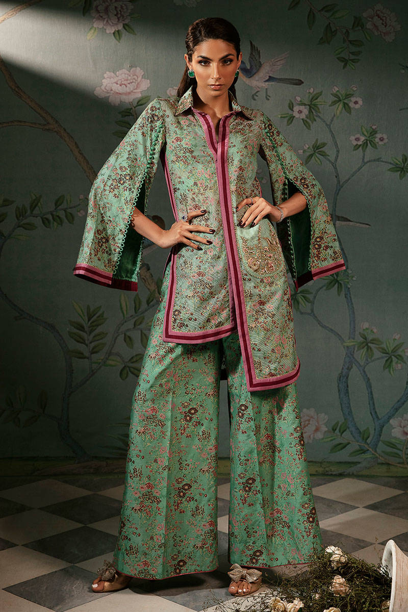 Sea Green Screen-Printed Chiffon Jacquard Jacket Set (2-Piece) - Image 1