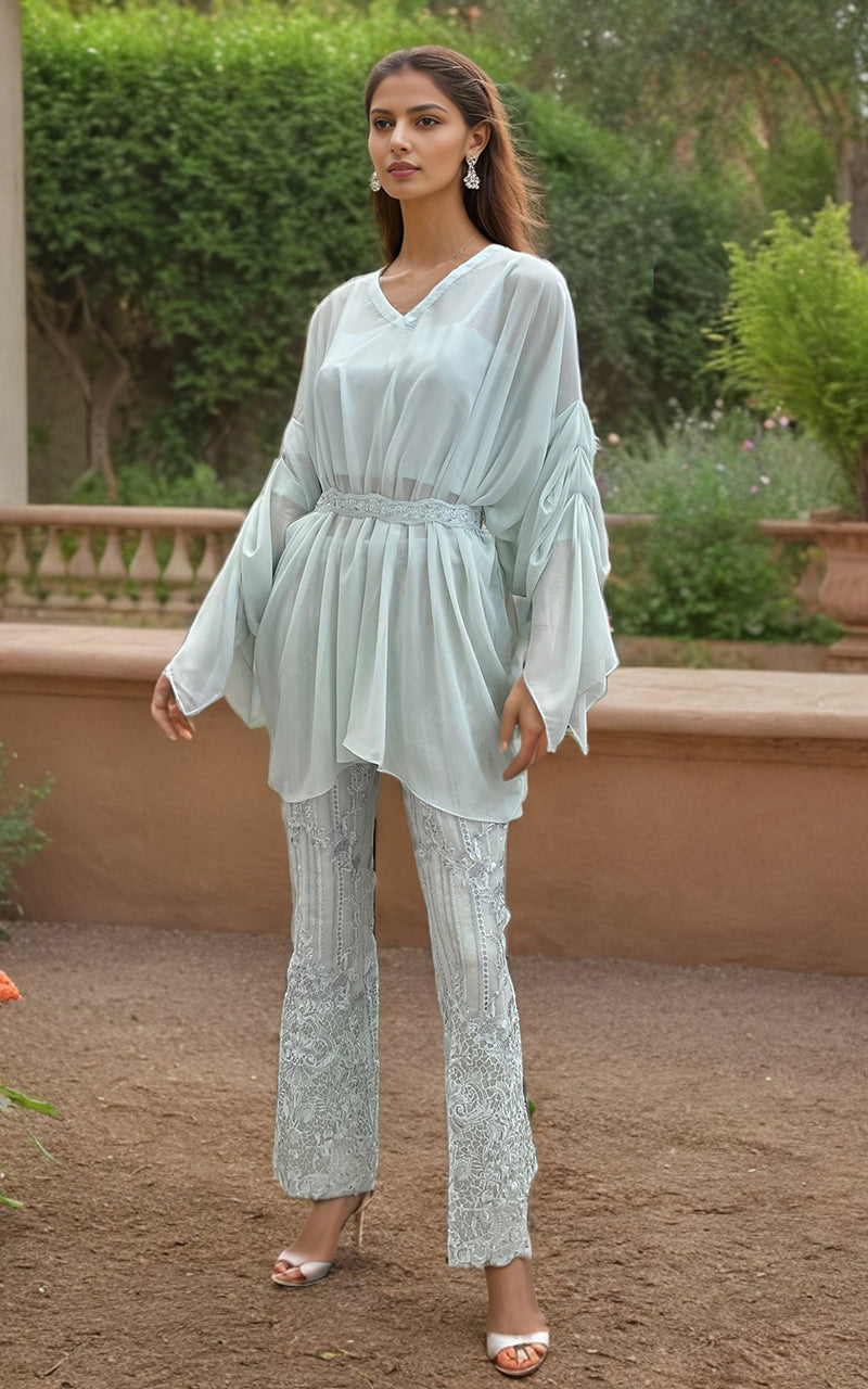 Pakistani Pale Mint Embroidered Chiffon & Organza Salwar Kameez (2-Piece) - Image 1