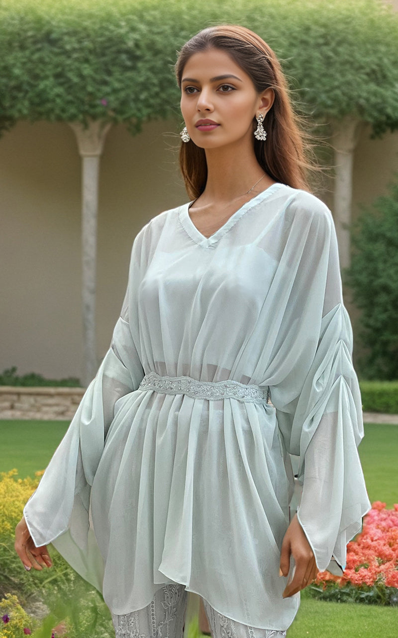 Pakistani Pale Mint Embroidered Chiffon & Organza Salwar Kameez (2-Piece) - Image 2