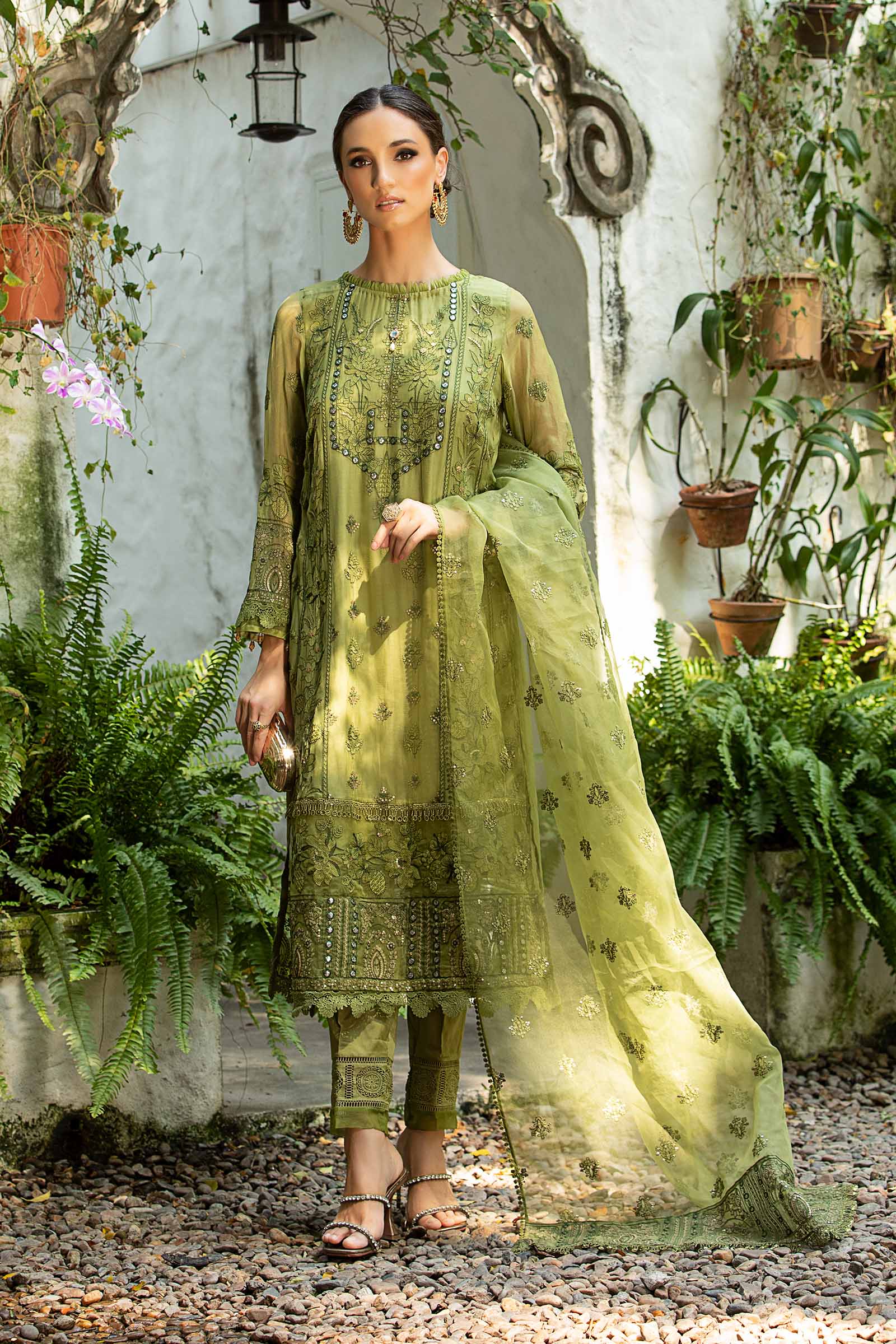 Green Embroidered Chiffon & Organza 3-Piece Suit - Image 1