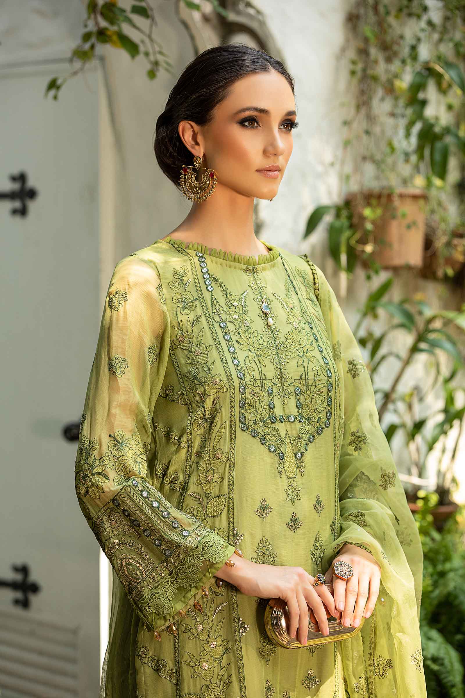 Green Embroidered Chiffon & Organza 3-Piece Suit - Image 2