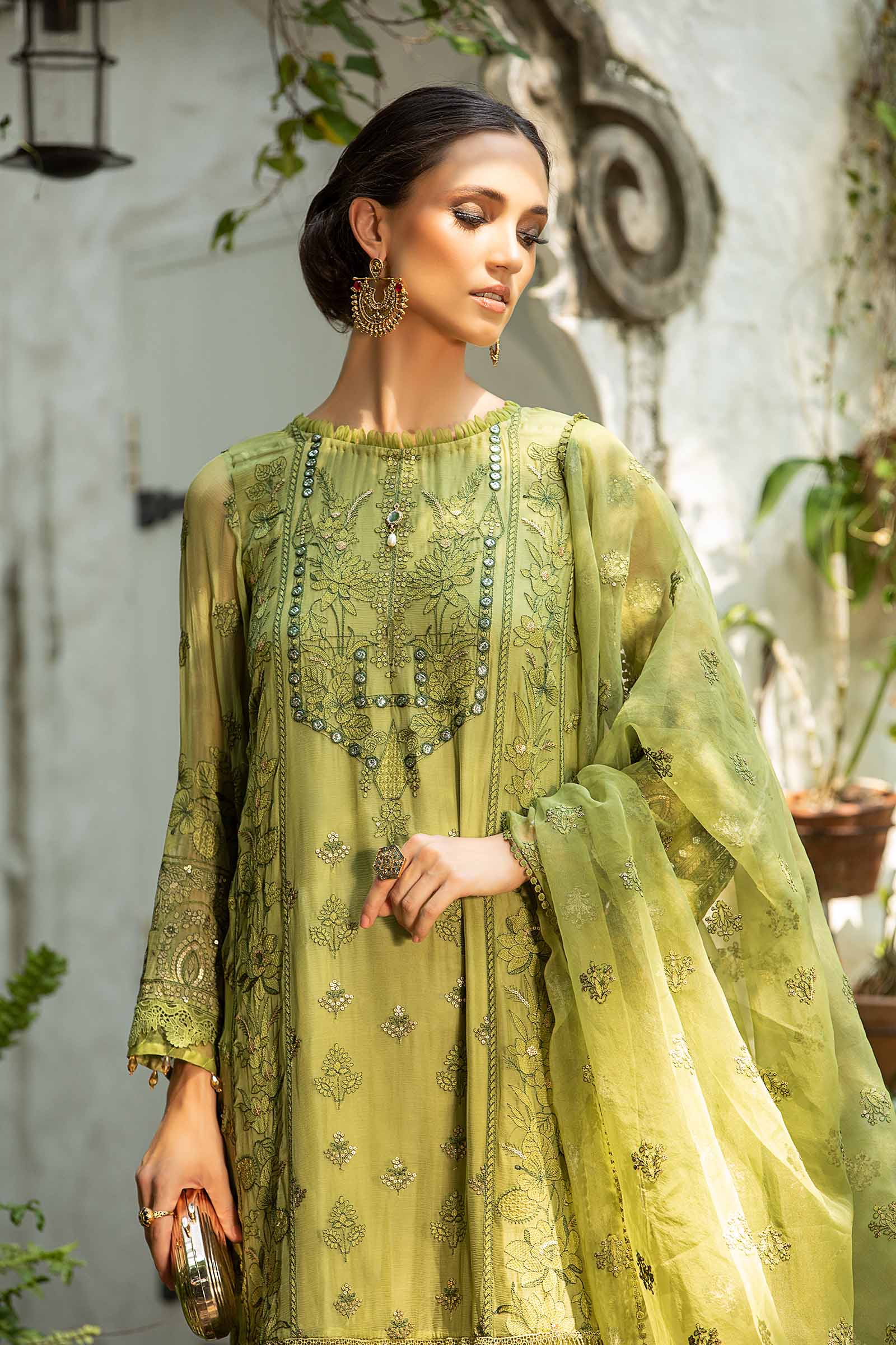Green Embroidered Chiffon & Organza 3-Piece Suit - Image 3