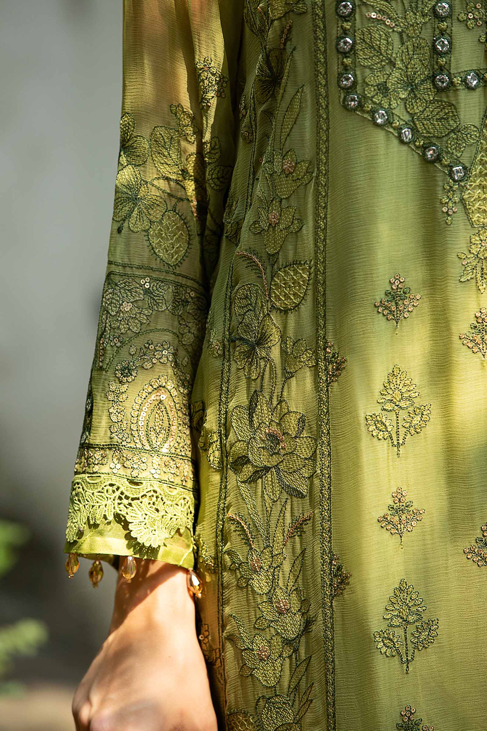 Green Embroidered Chiffon & Organza 3-Piece Suit - Image 6