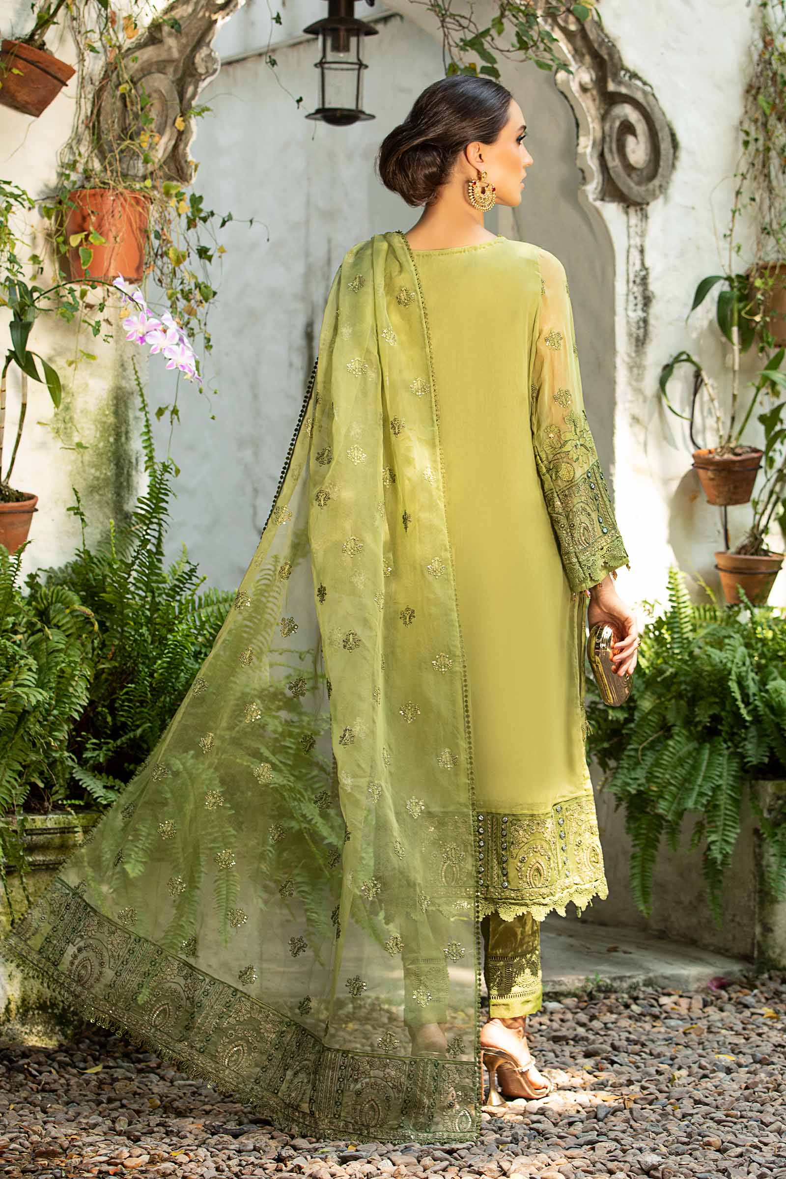 Green Embroidered Chiffon & Organza 3-Piece Suit - Image 7