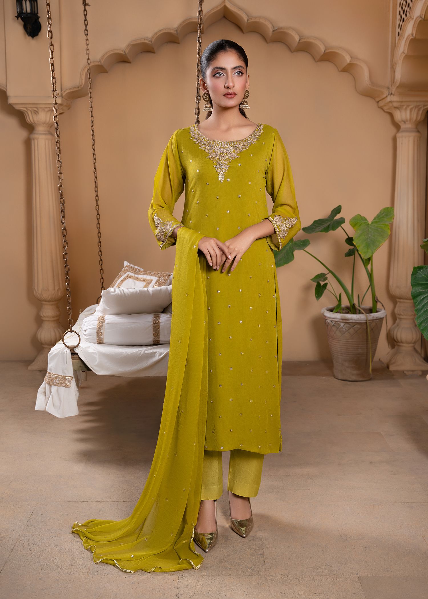 Pakistani Green Sequin Embroidered Chiffon Kurta Set (3-Piece) - Image 1
