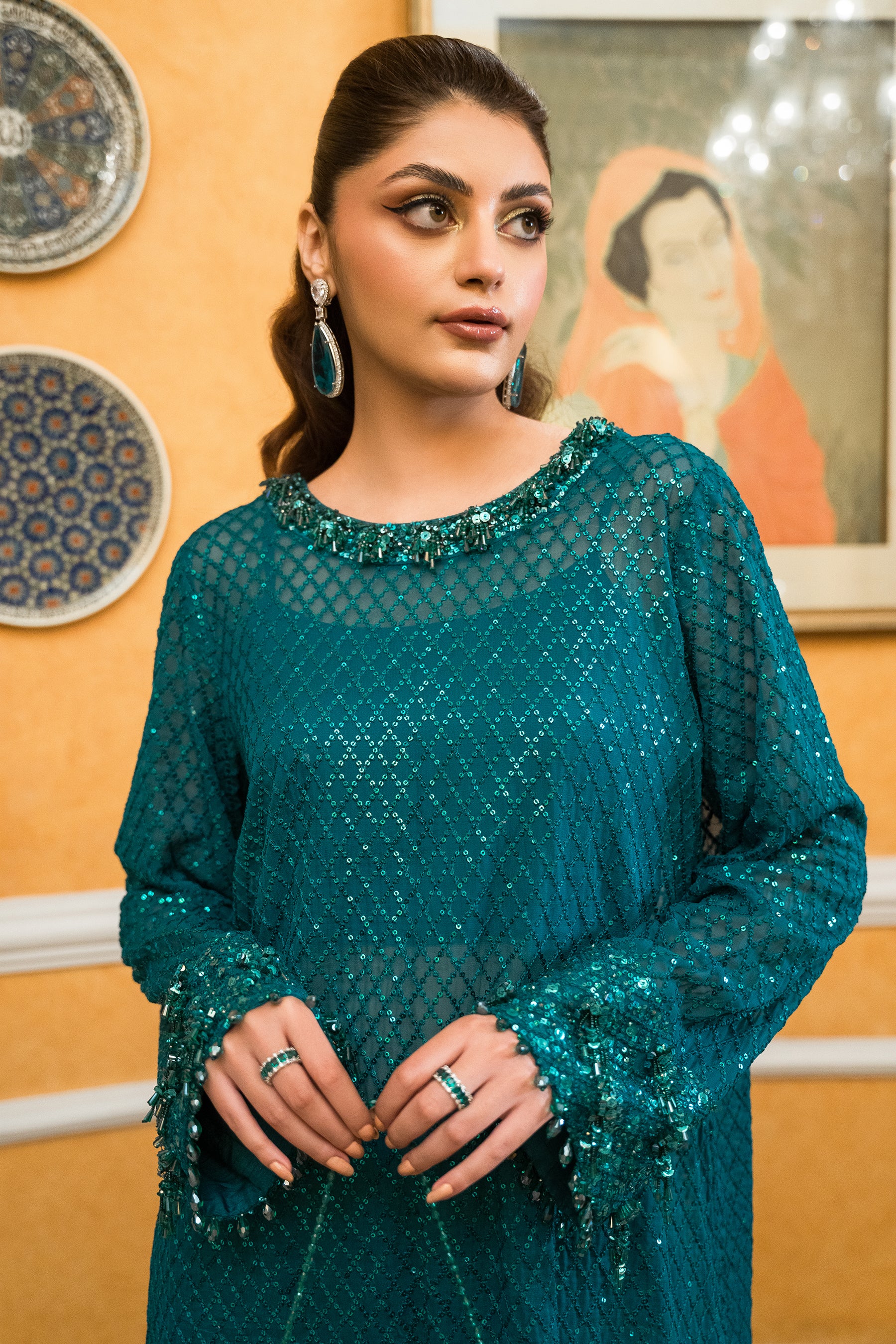 Pakistani Jewel Green Sequin Chiffon Blend Co-ord Set (2-Piece) - Image 3