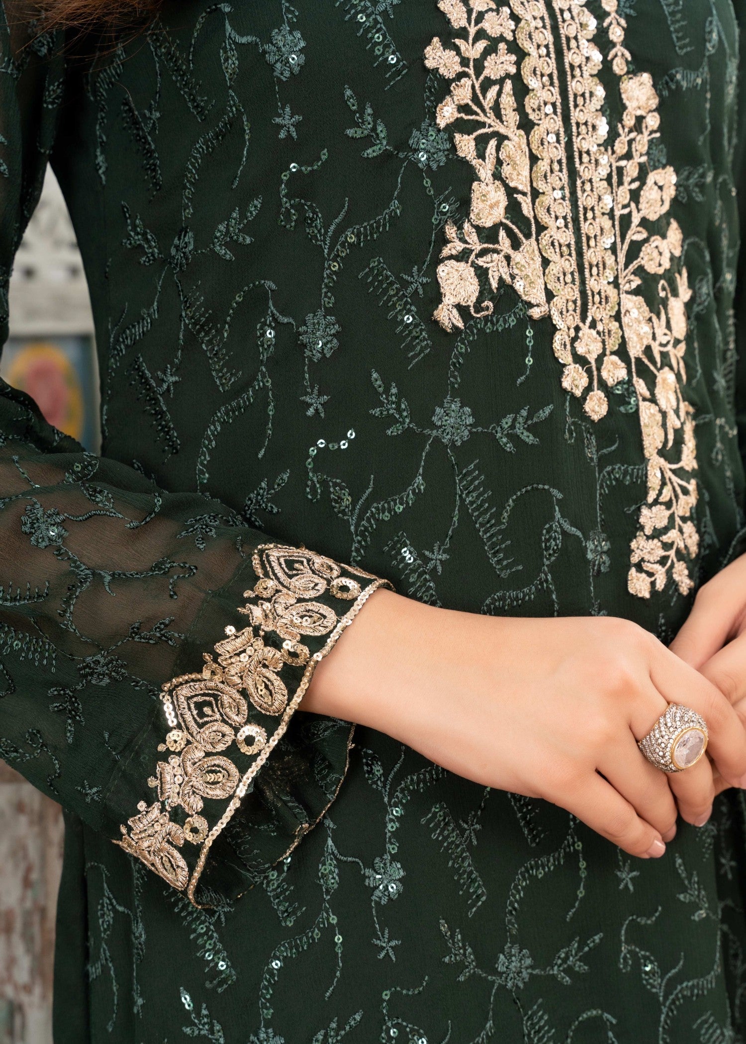 Pakistani Dark Green Sequin Embroidered Chiffon Kurta Set (3-Piece) - Image 6