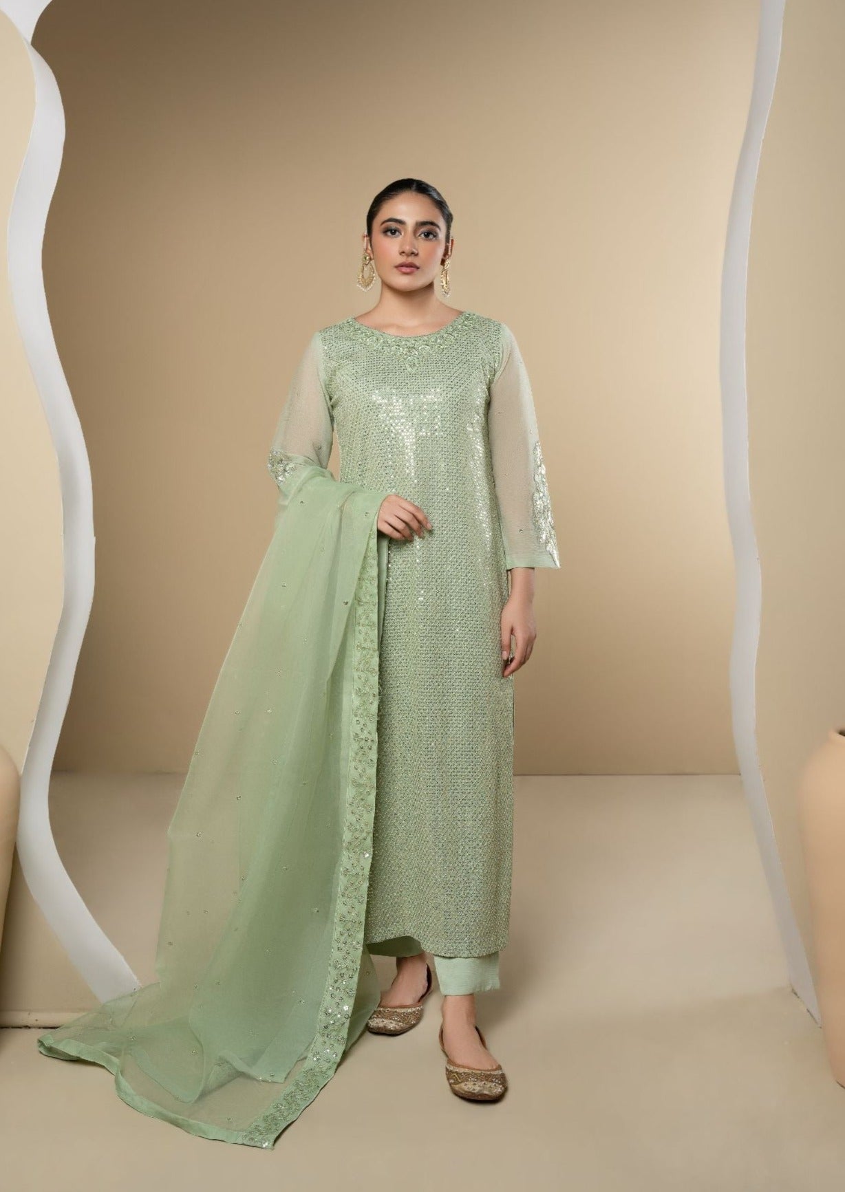 Mint Green Embroidered Chiffon Kurta Set (3-Piece) - Image 1