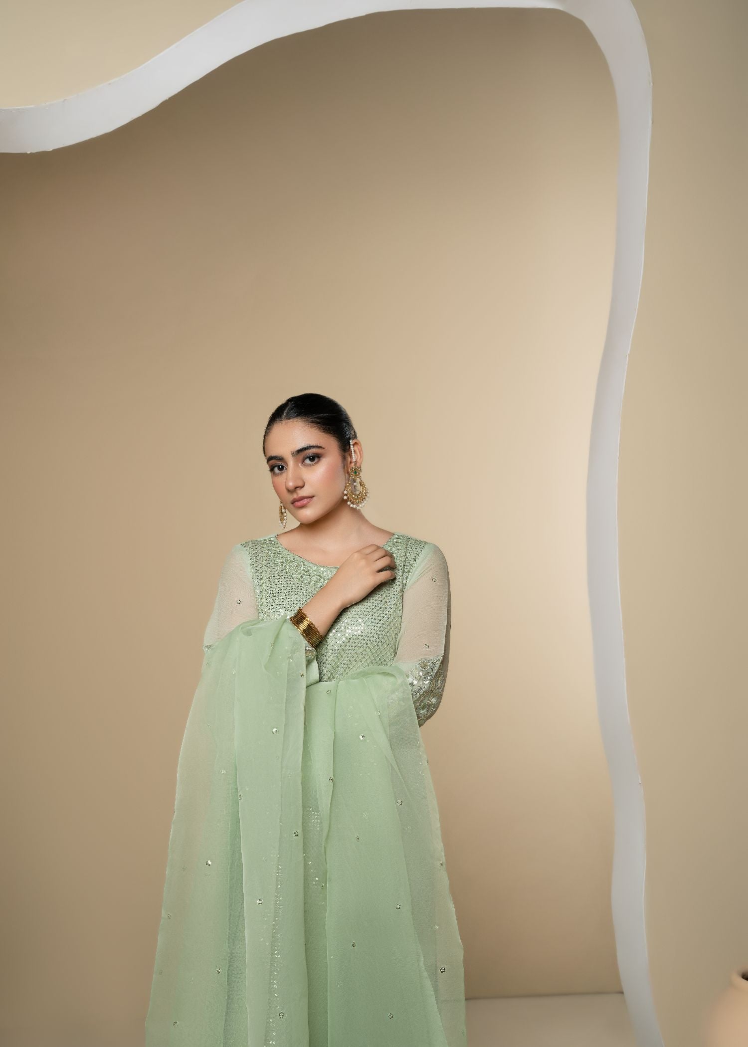 Mint Green Embroidered Chiffon Kurta Set (3-Piece) - Image 3