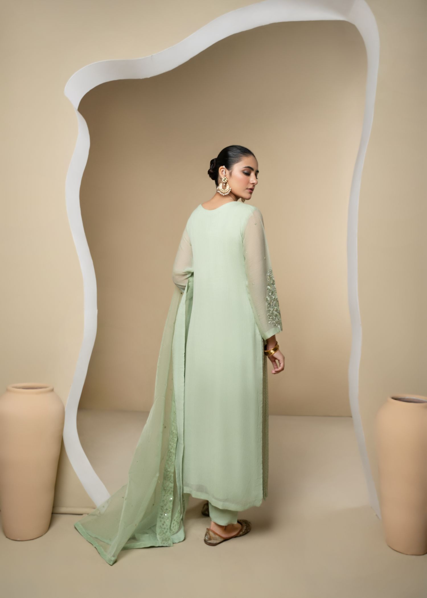 Mint Green Embroidered Chiffon Kurta Set (3-Piece) - Image 4