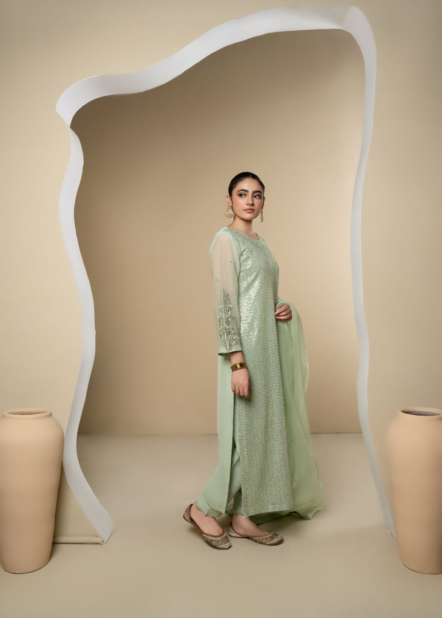 Mint Green Embroidered Chiffon Kurta Set (3-Piece) - Image 5