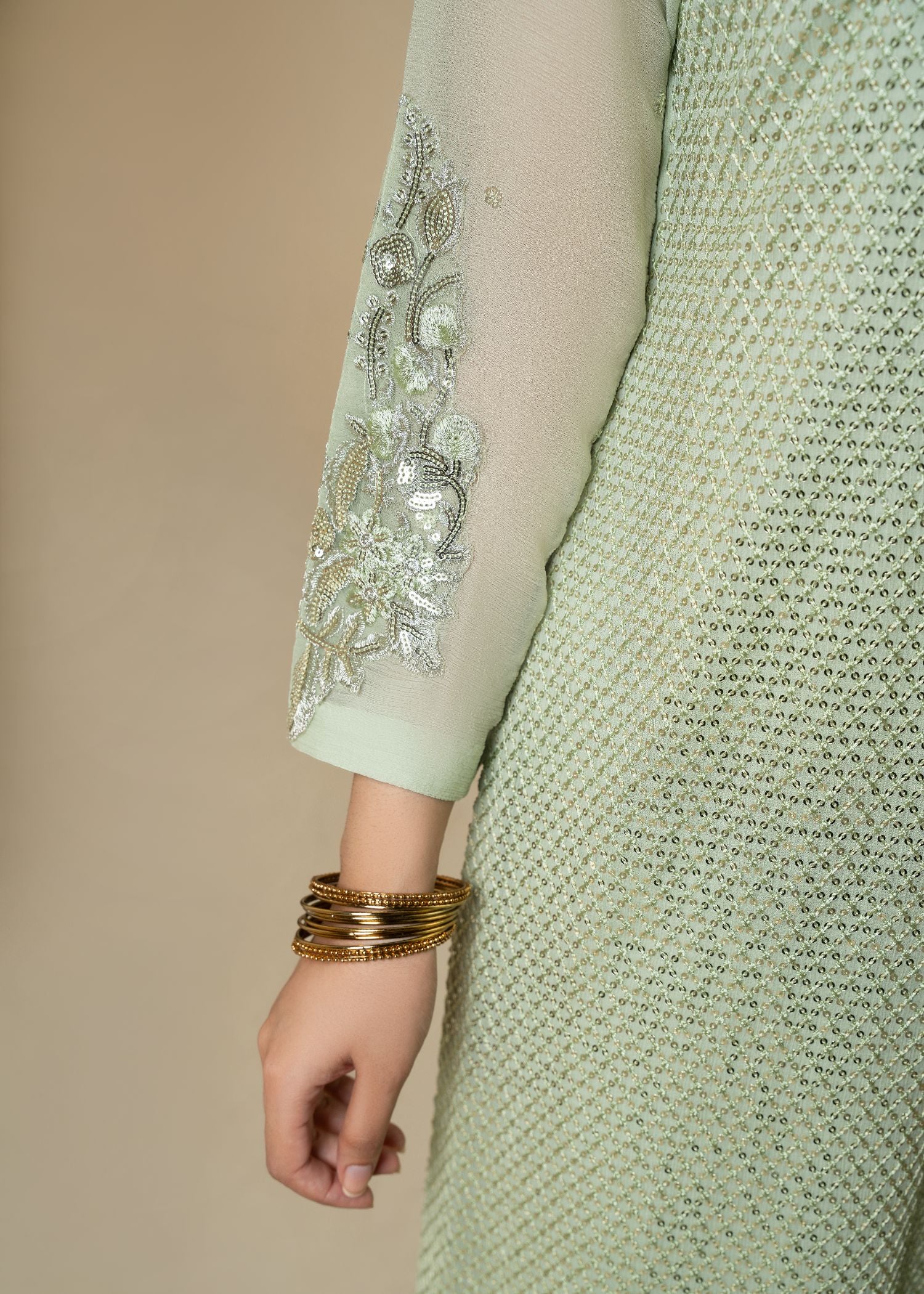 Mint Green Embroidered Chiffon Kurta Set (3-Piece) - Image 6