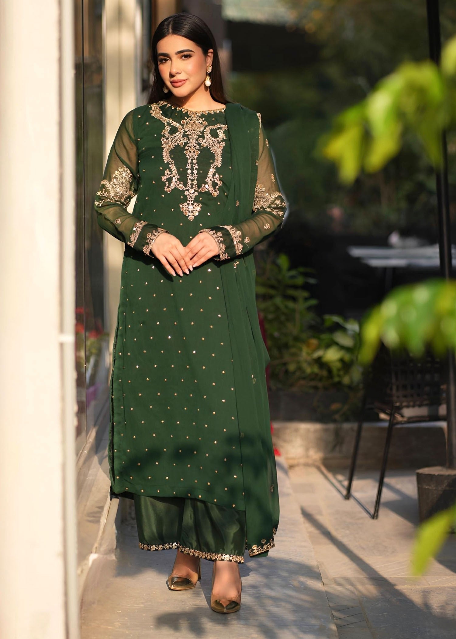 Dark Green Embroidered Chiffon Salwar Kameez (3-Piece) - Image 1