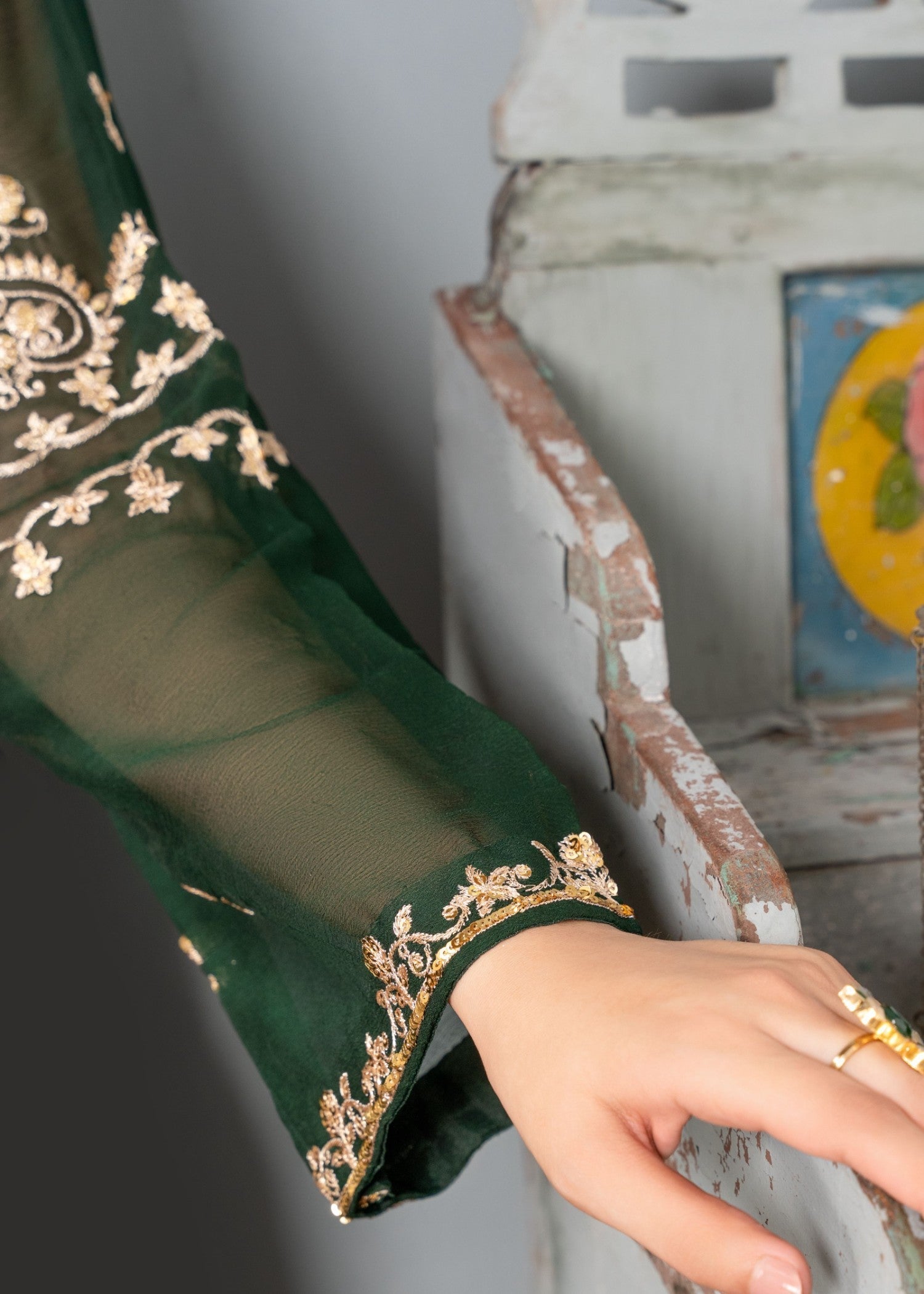 Dark Green Embroidered Chiffon Salwar Kameez (3-Piece) - Image 10