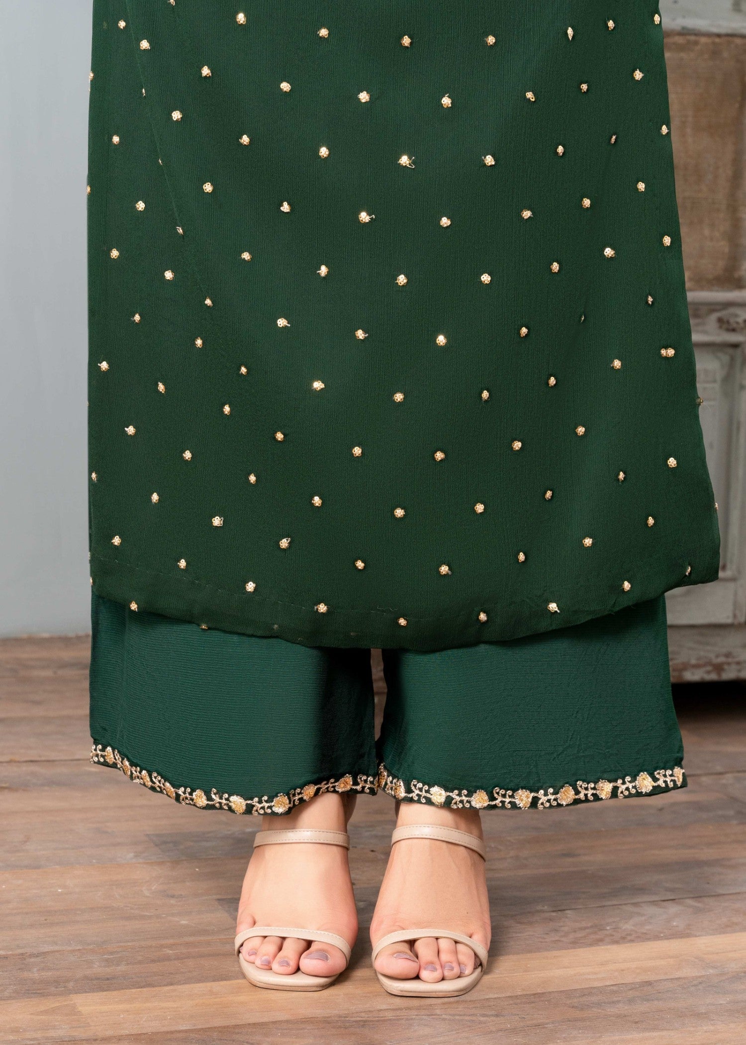 Dark Green Embroidered Chiffon Salwar Kameez (3-Piece) - Image 11