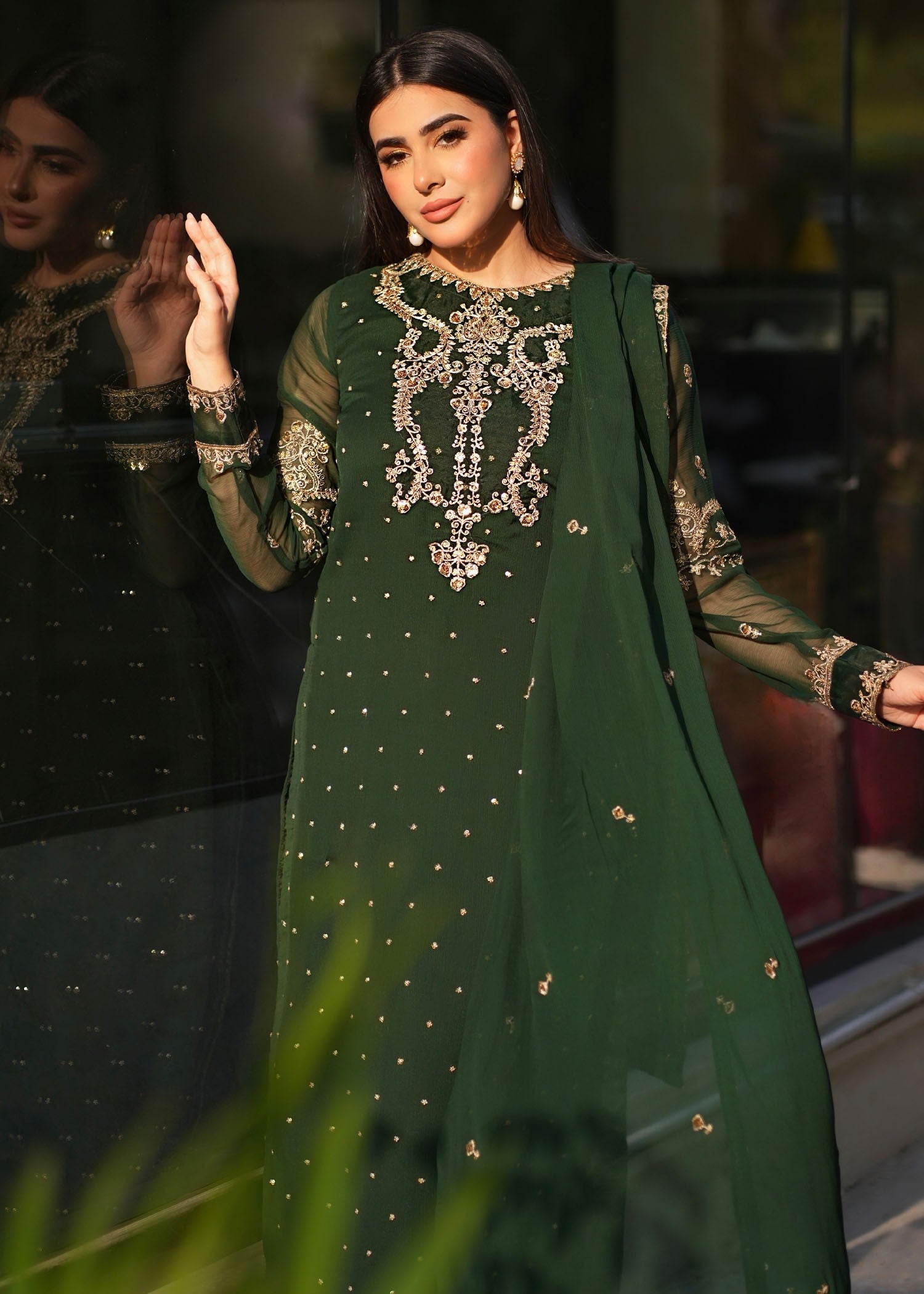 Dark Green Embroidered Chiffon Salwar Kameez (3-Piece) - Image 2