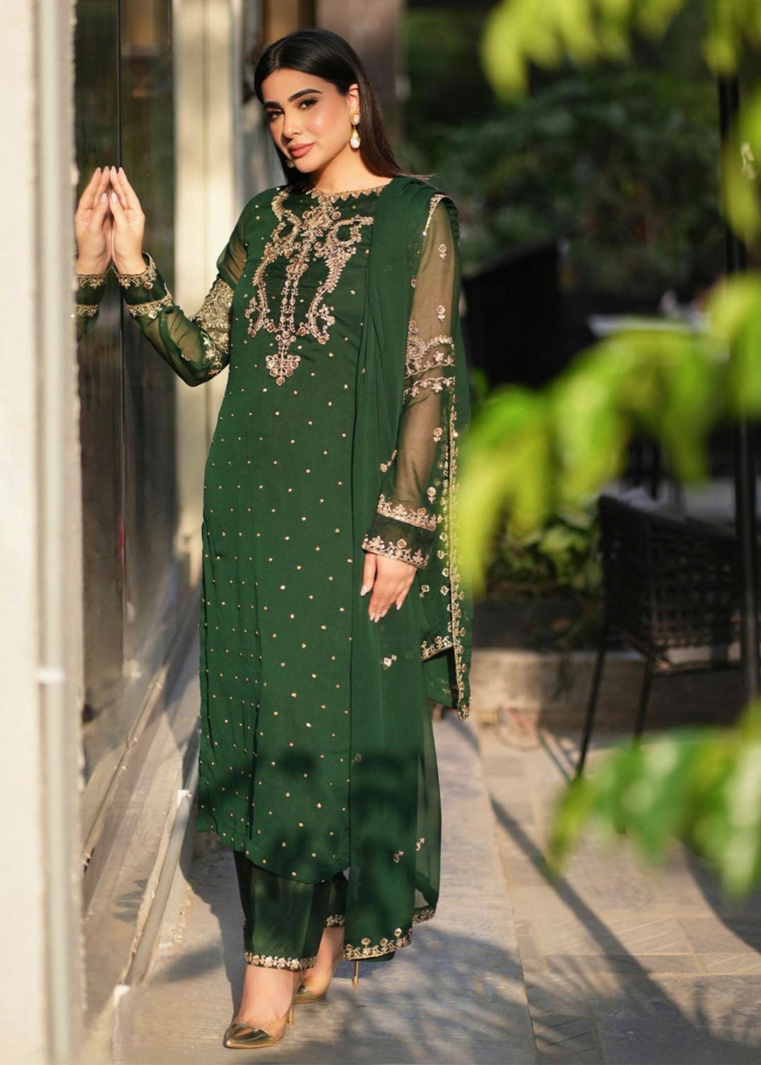 Dark Green Embroidered Chiffon Salwar Kameez (3-Piece) - Image 3
