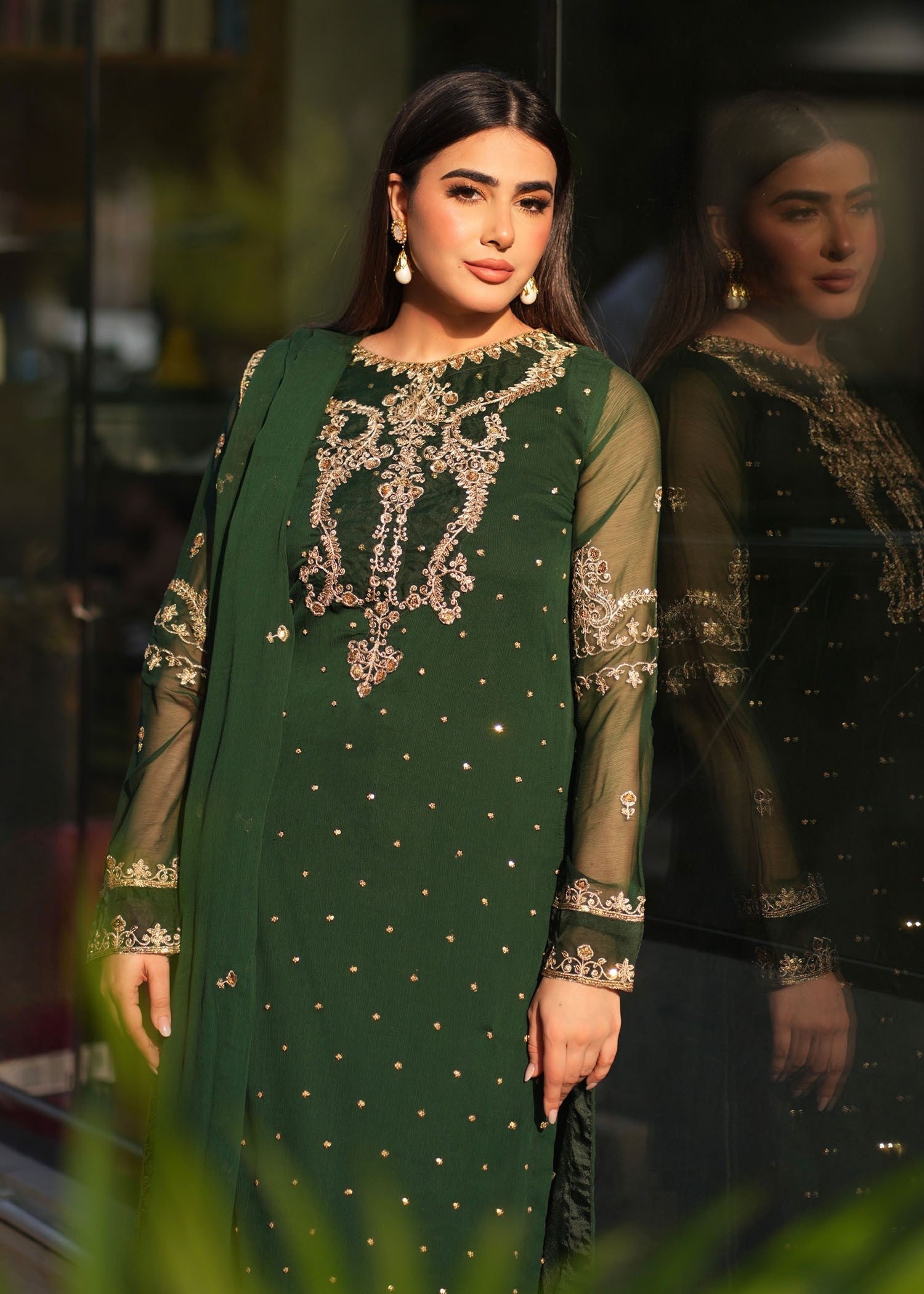 Dark Green Embroidered Chiffon Salwar Kameez (3-Piece) - Image 4