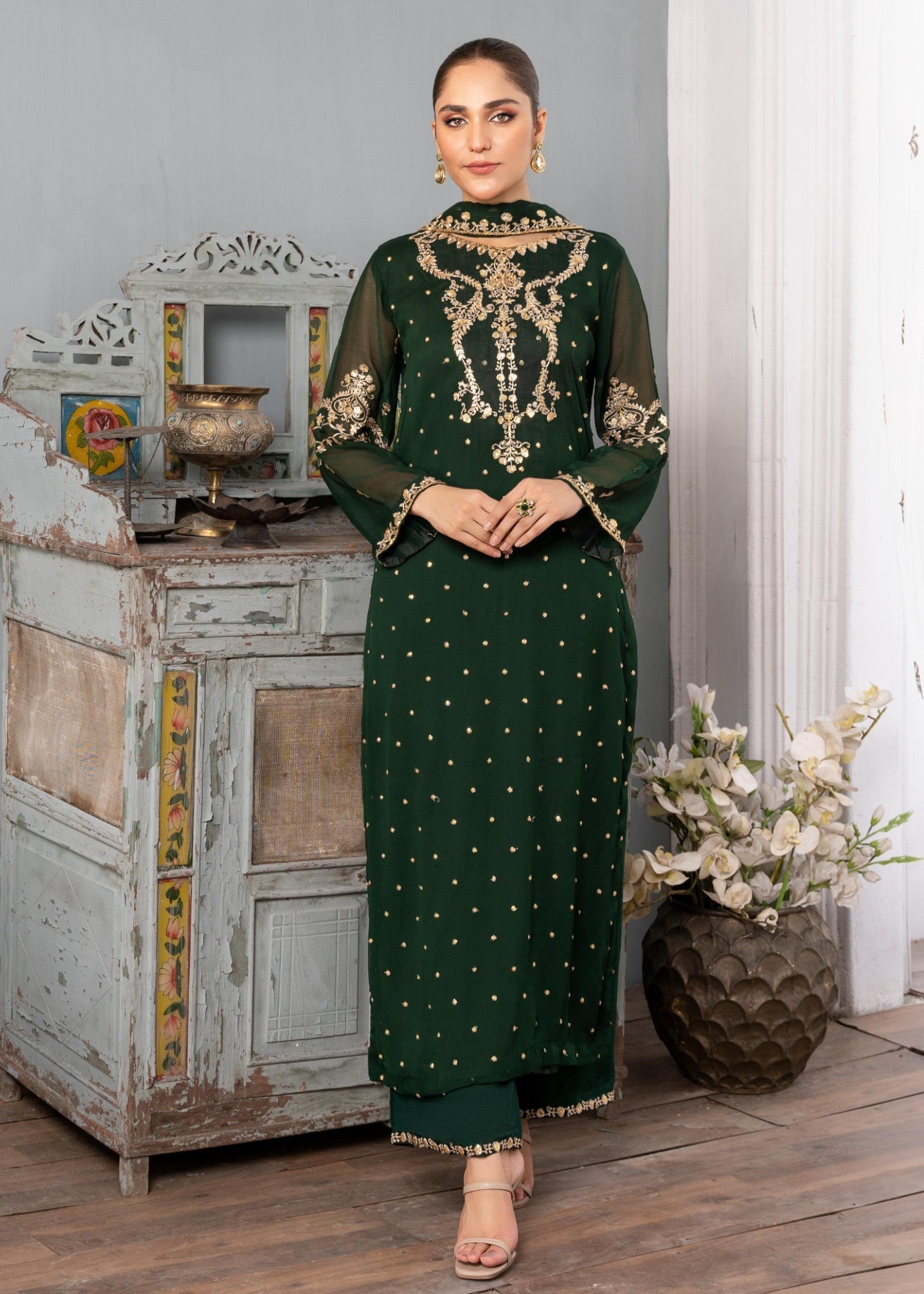 Dark Green Embroidered Chiffon Salwar Kameez (3-Piece) - Image 5