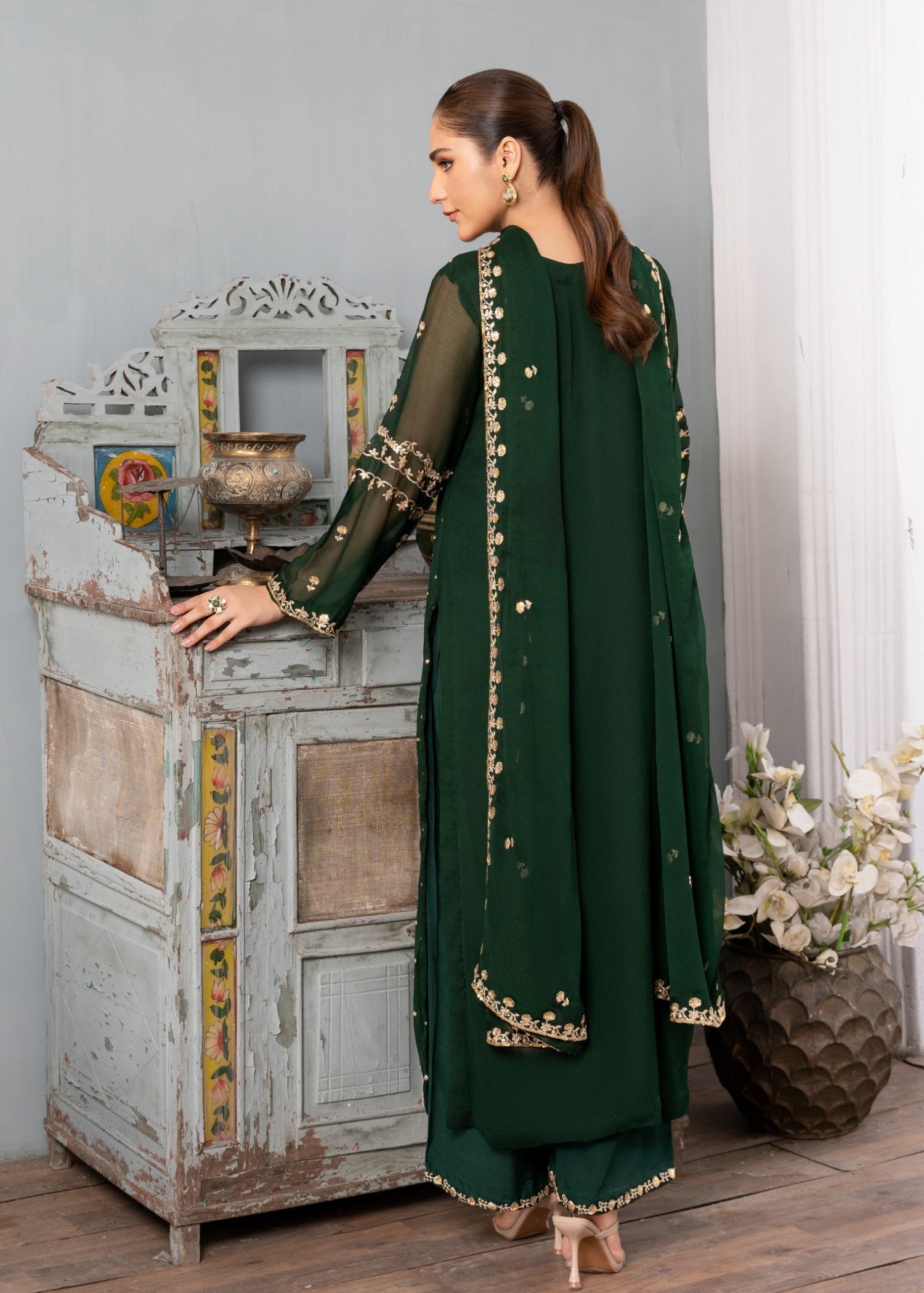 Dark Green Embroidered Chiffon Salwar Kameez (3-Piece) - Image 7