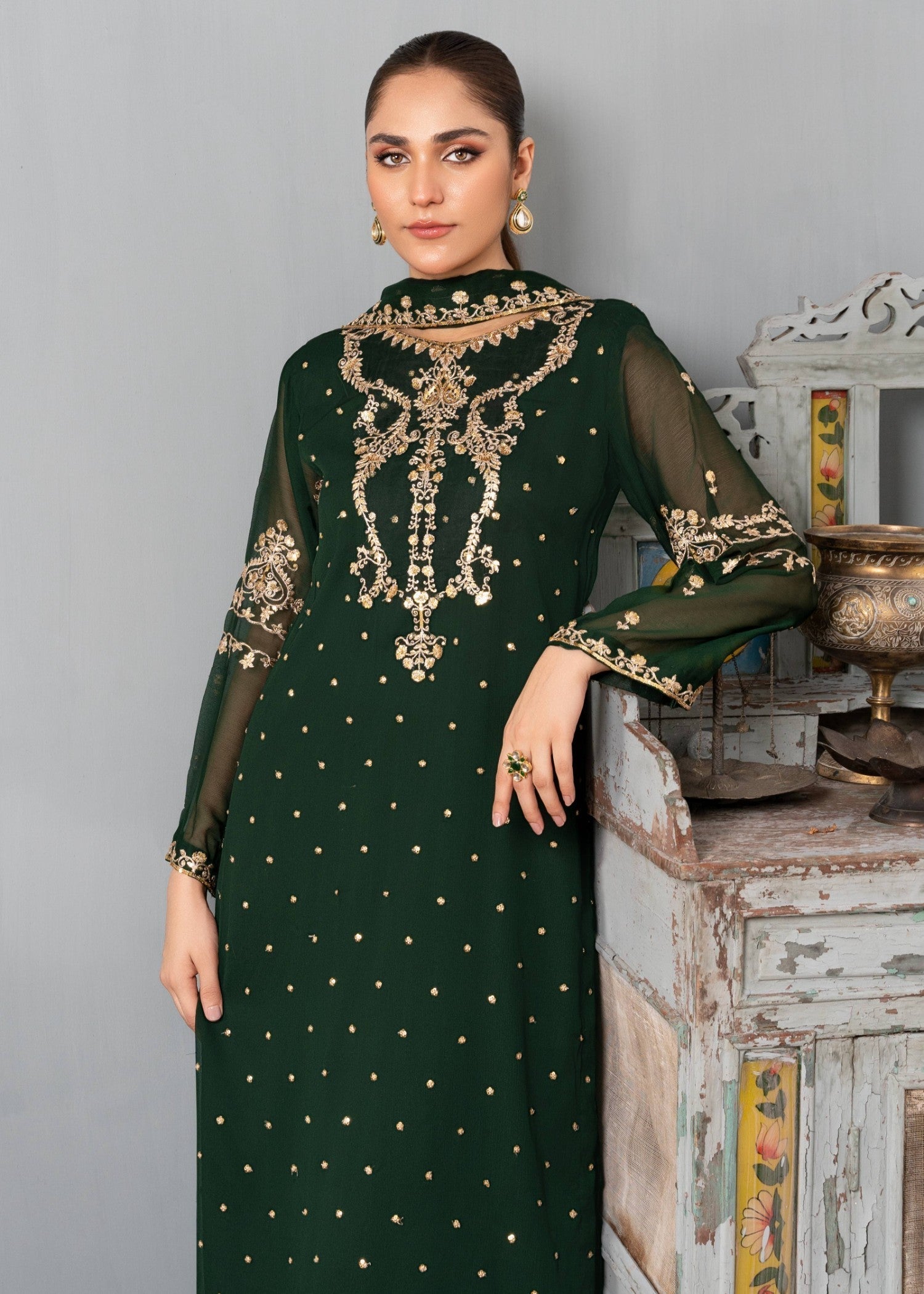 Dark Green Embroidered Chiffon Salwar Kameez (3-Piece) - Image 8