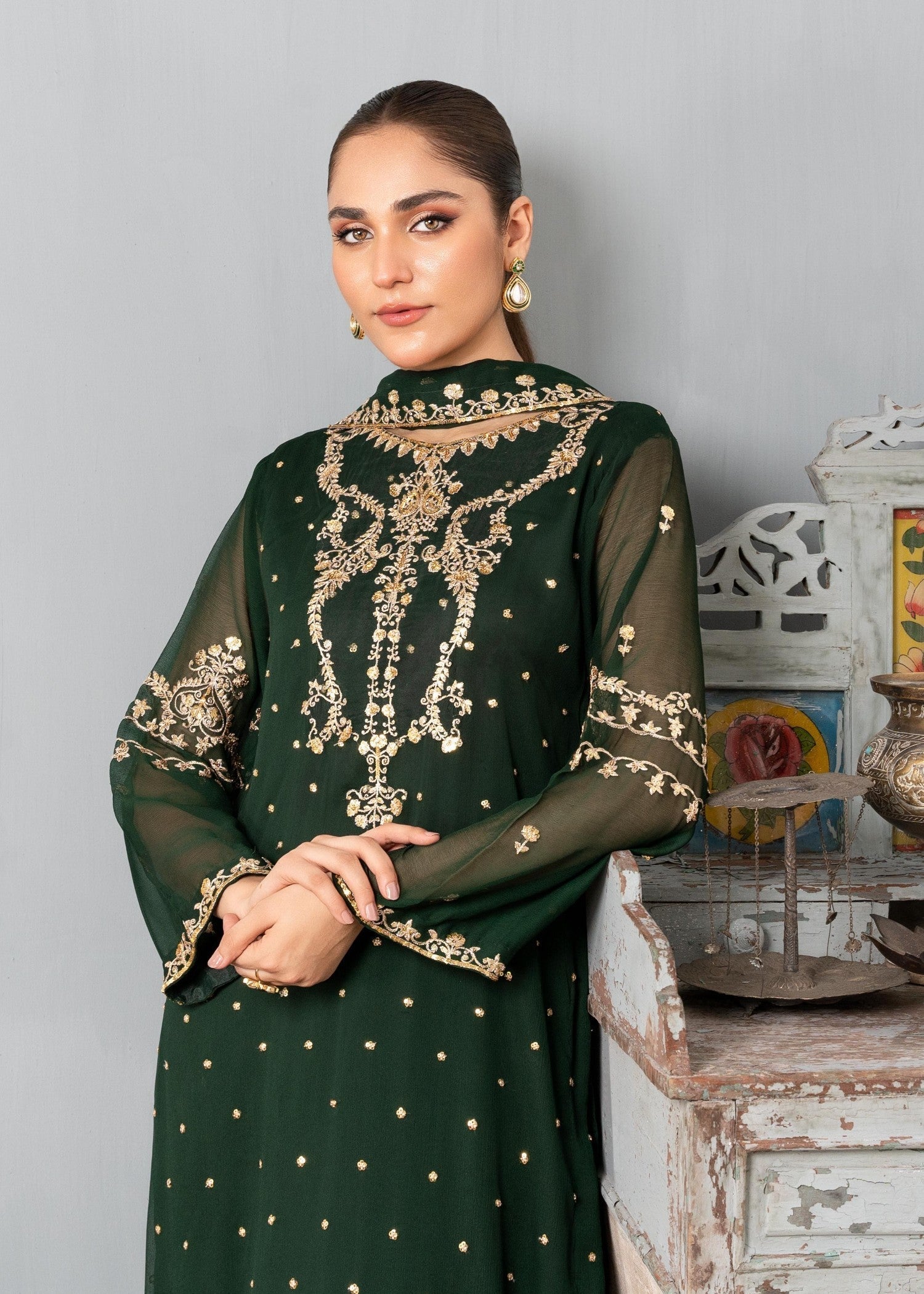 Dark Green Embroidered Chiffon Salwar Kameez (3-Piece) - Image 9