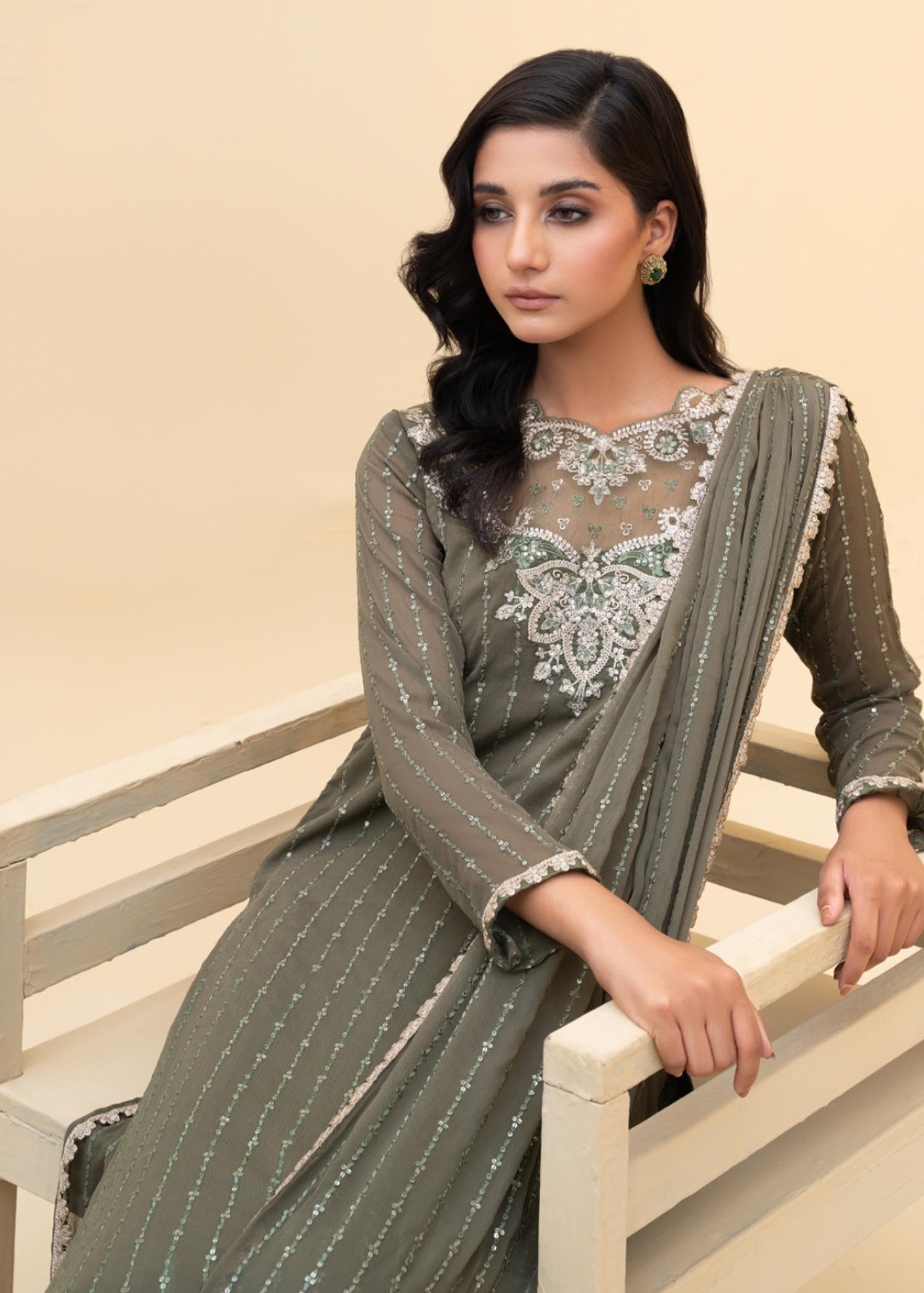 Mehndi Green Embroidered Chiffon Kurta Set (2-Piece) - Image 4