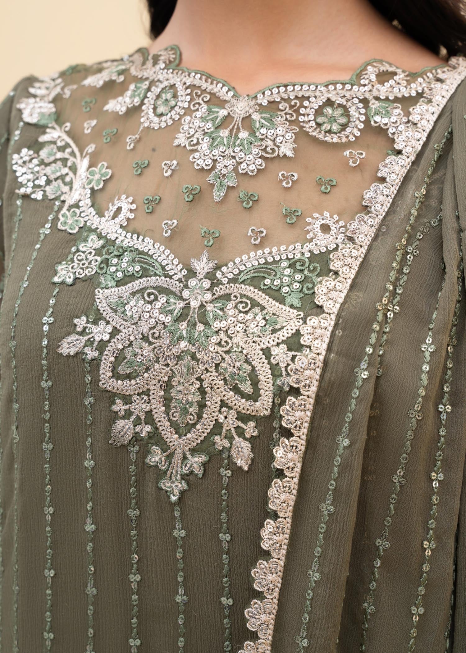 Mehndi Green Embroidered Chiffon Kurta Set (2-Piece) - Image 7