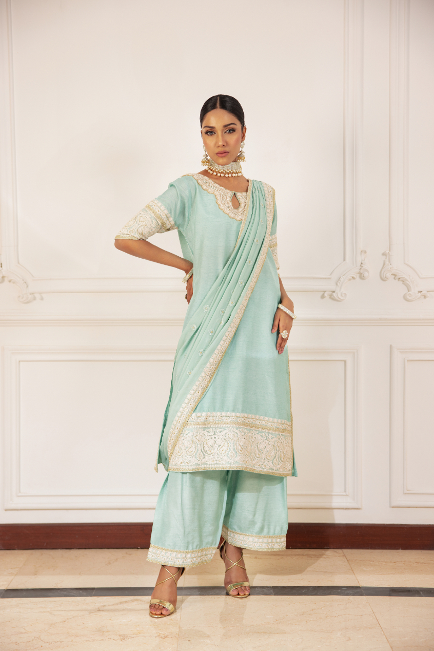 Mint Green Embroidered Chiffon & Silk Kurta Set (3-Piece) - Image 2