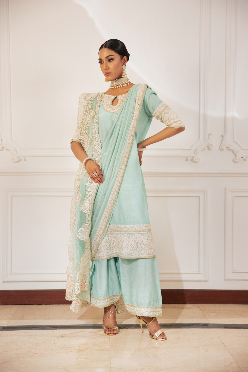 Mint Green Embroidered Chiffon & Silk Kurta Set (3-Piece) - Image 8