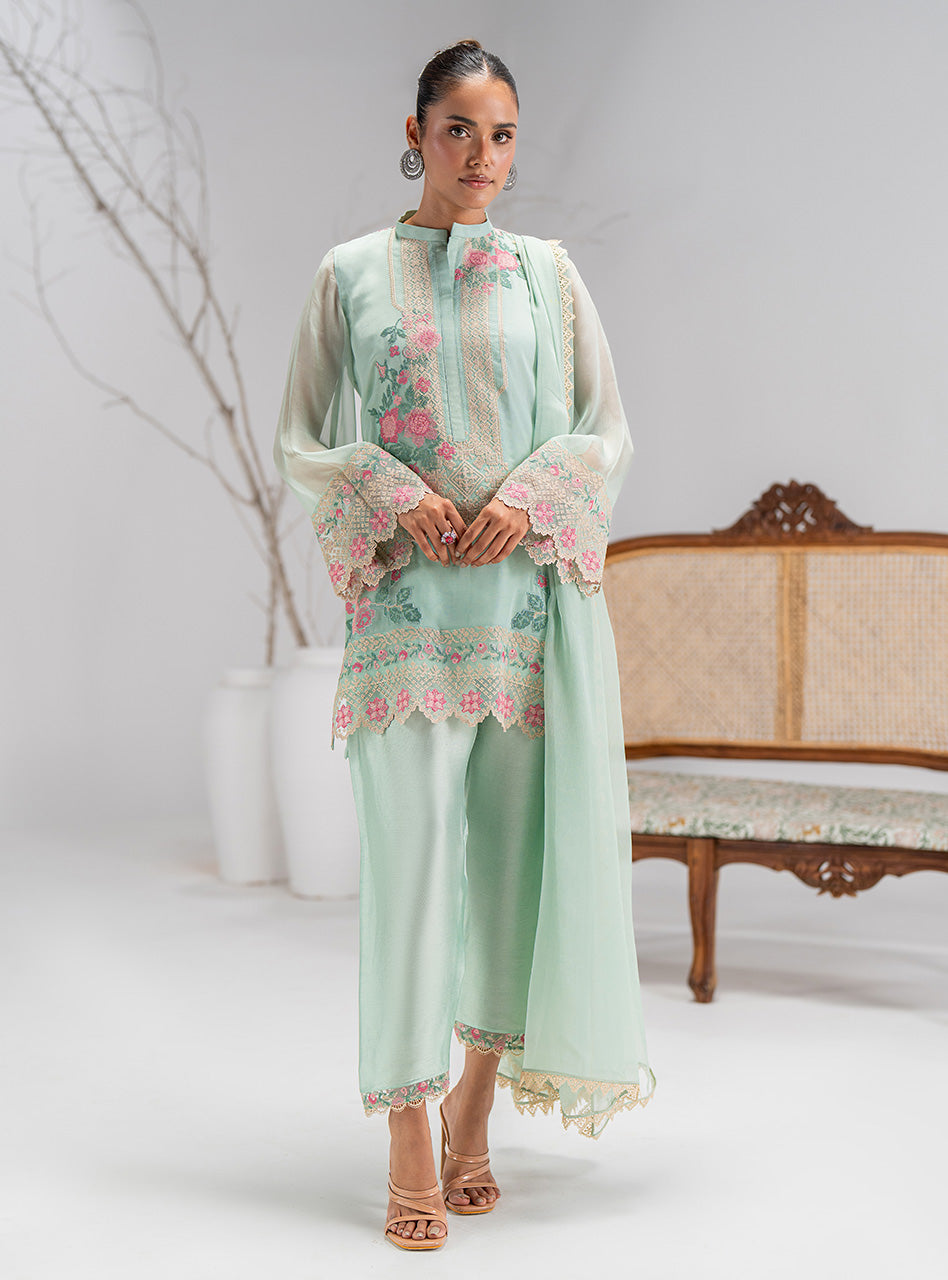 Pakistani Mint Green Embroidered Chiffon Salwar Kameez (3-Piece) - Image 1