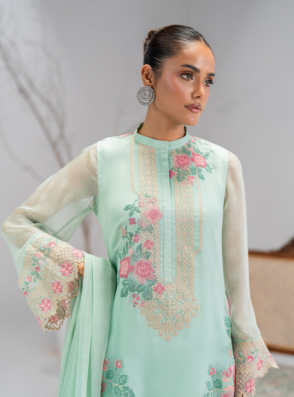 Pakistani Mint Green Embroidered Chiffon Salwar Kameez (3-Piece) - Image 2