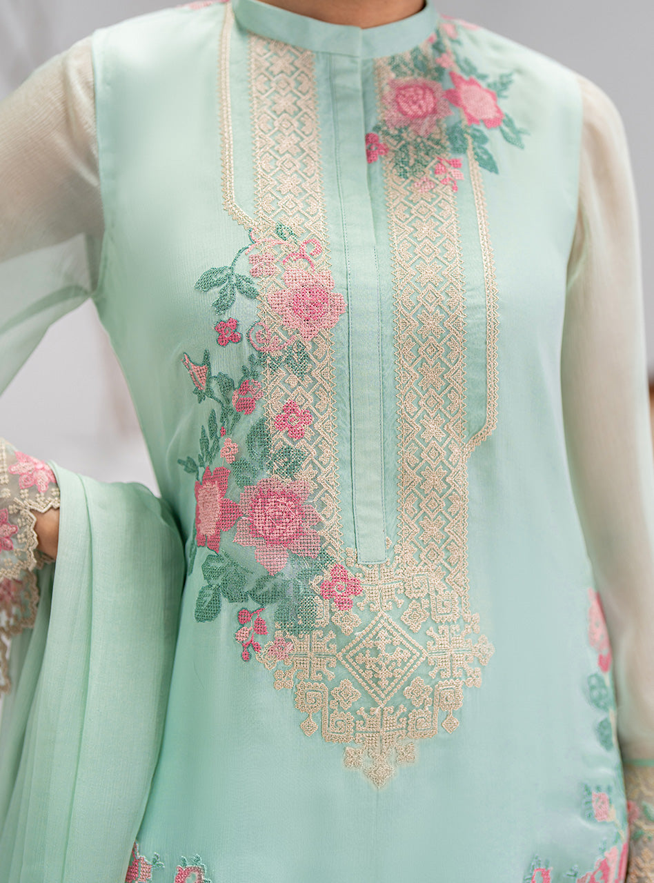 Pakistani Mint Green Embroidered Chiffon Salwar Kameez (3-Piece) - Image 3