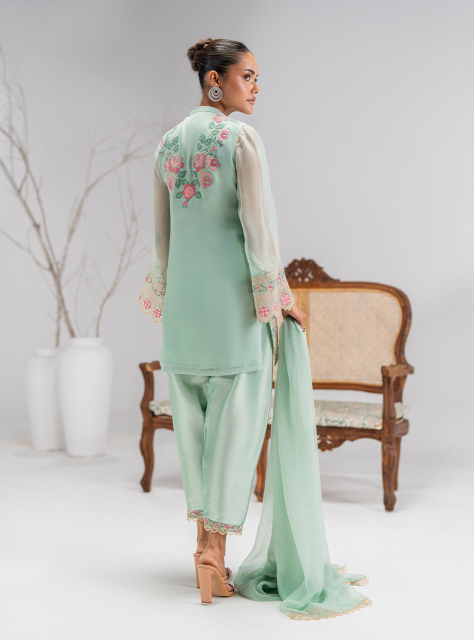Pakistani Mint Green Embroidered Chiffon Salwar Kameez (3-Piece) - Image 4