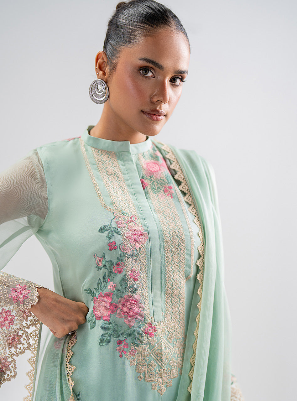 Pakistani Mint Green Embroidered Chiffon Salwar Kameez (3-Piece) - Image 6