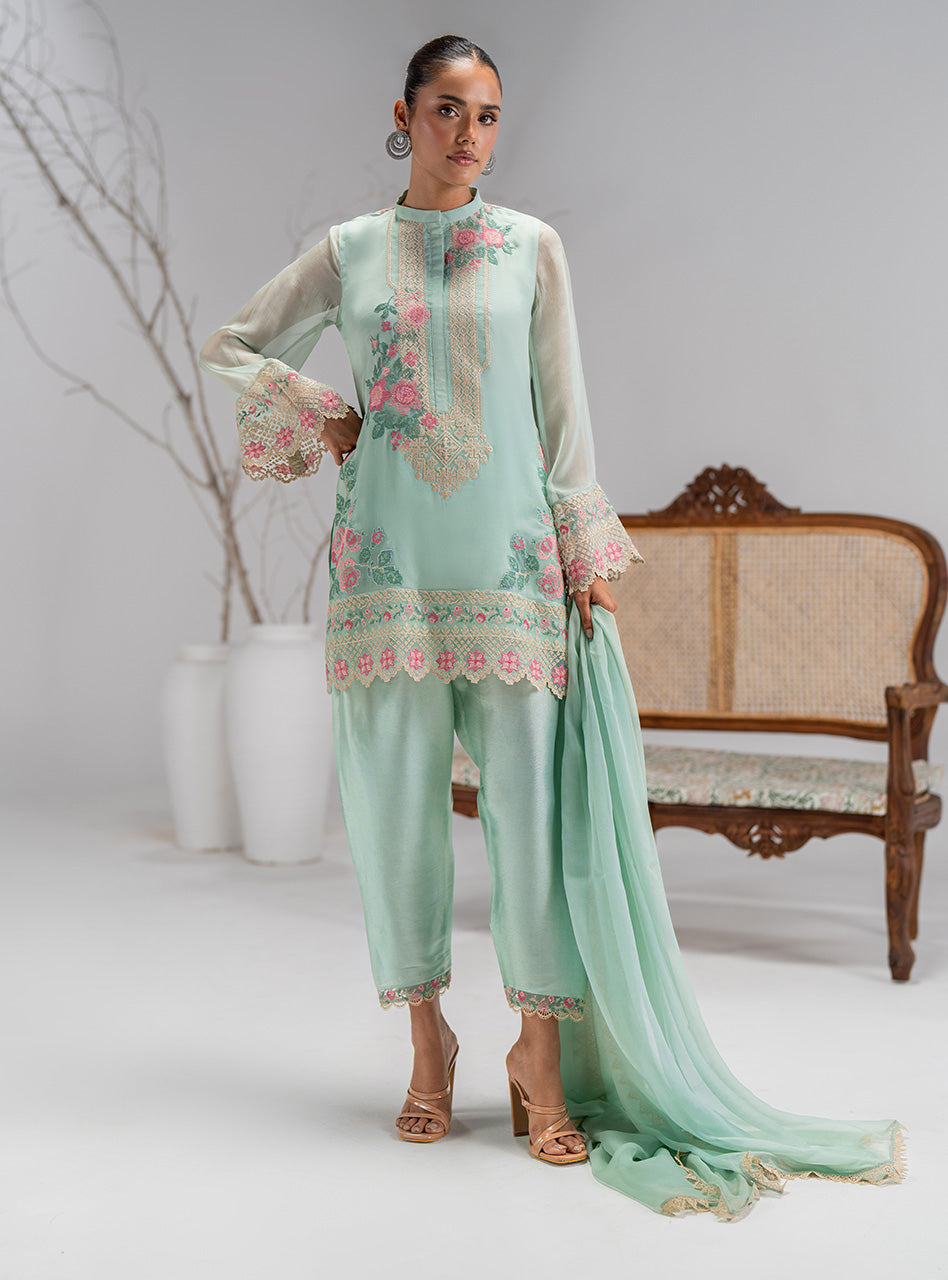 Pakistani Mint Green Embroidered Chiffon Salwar Kameez (3-Piece) - Image 7