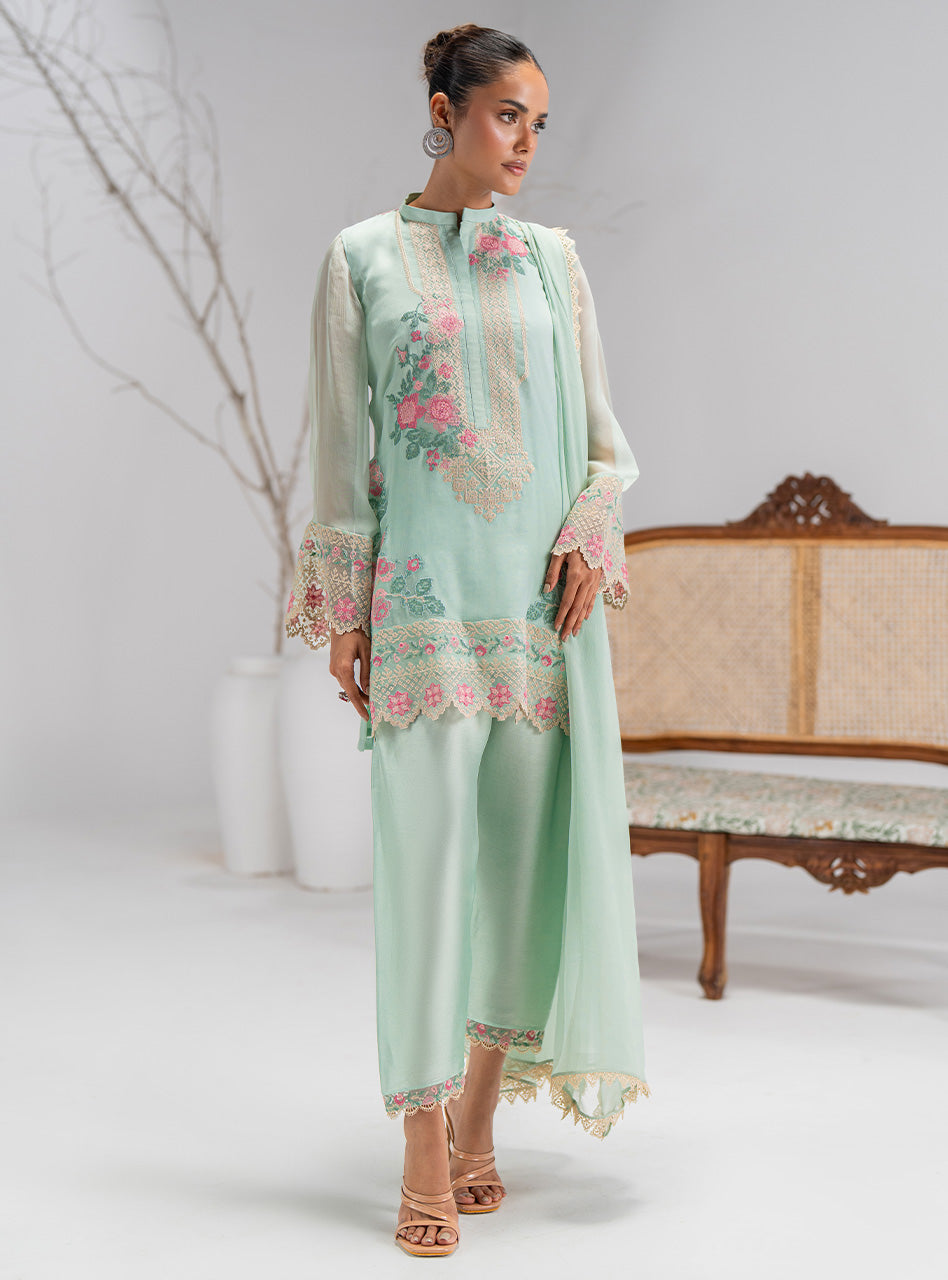 Pakistani Mint Green Embroidered Chiffon Salwar Kameez (3-Piece) - Image 8