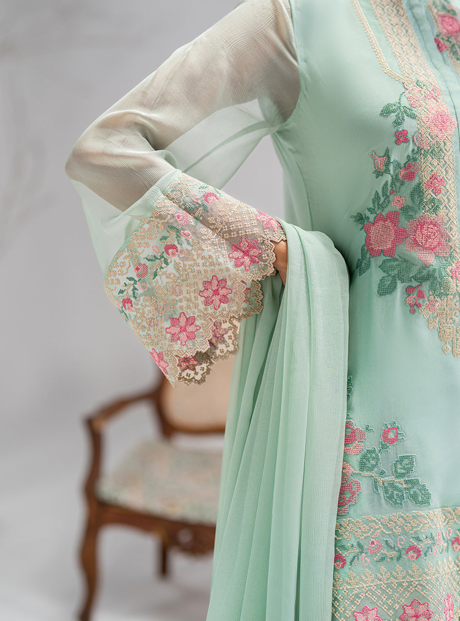 Pakistani Mint Green Embroidered Chiffon Salwar Kameez (3-Piece) - Image 9