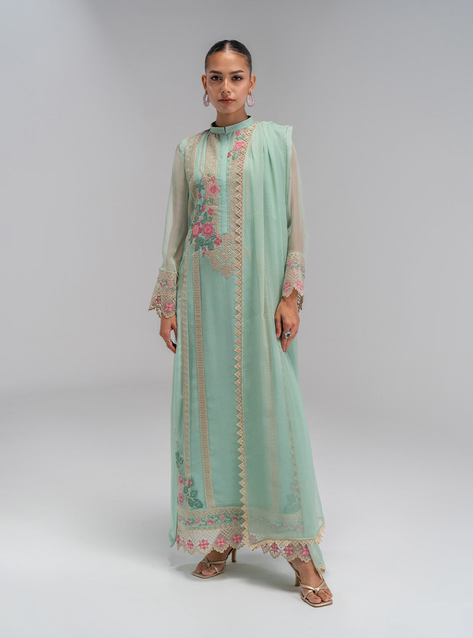 Pakistani Mint Green Embroidered Chiffon Salwar Kameez (3-Piece) - Image 1