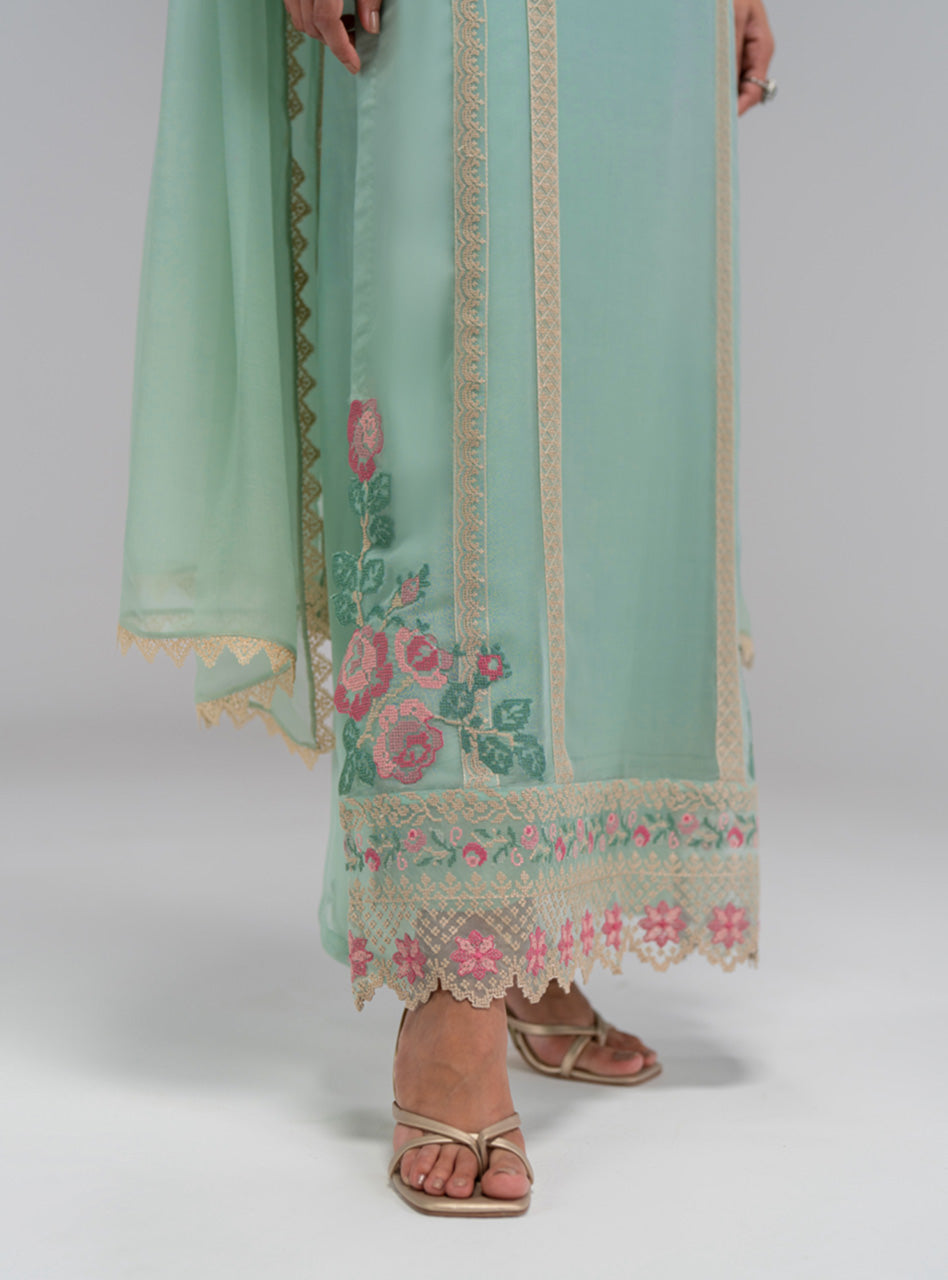 Pakistani Mint Green Embroidered Chiffon Salwar Kameez (3-Piece) - Image 2