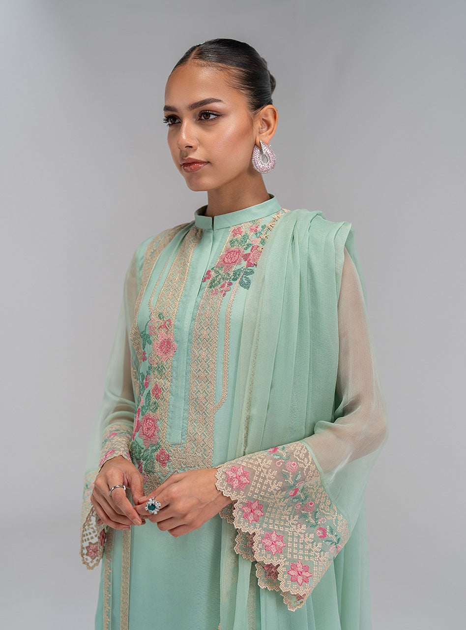 Pakistani Mint Green Embroidered Chiffon Salwar Kameez (3-Piece) - Image 3