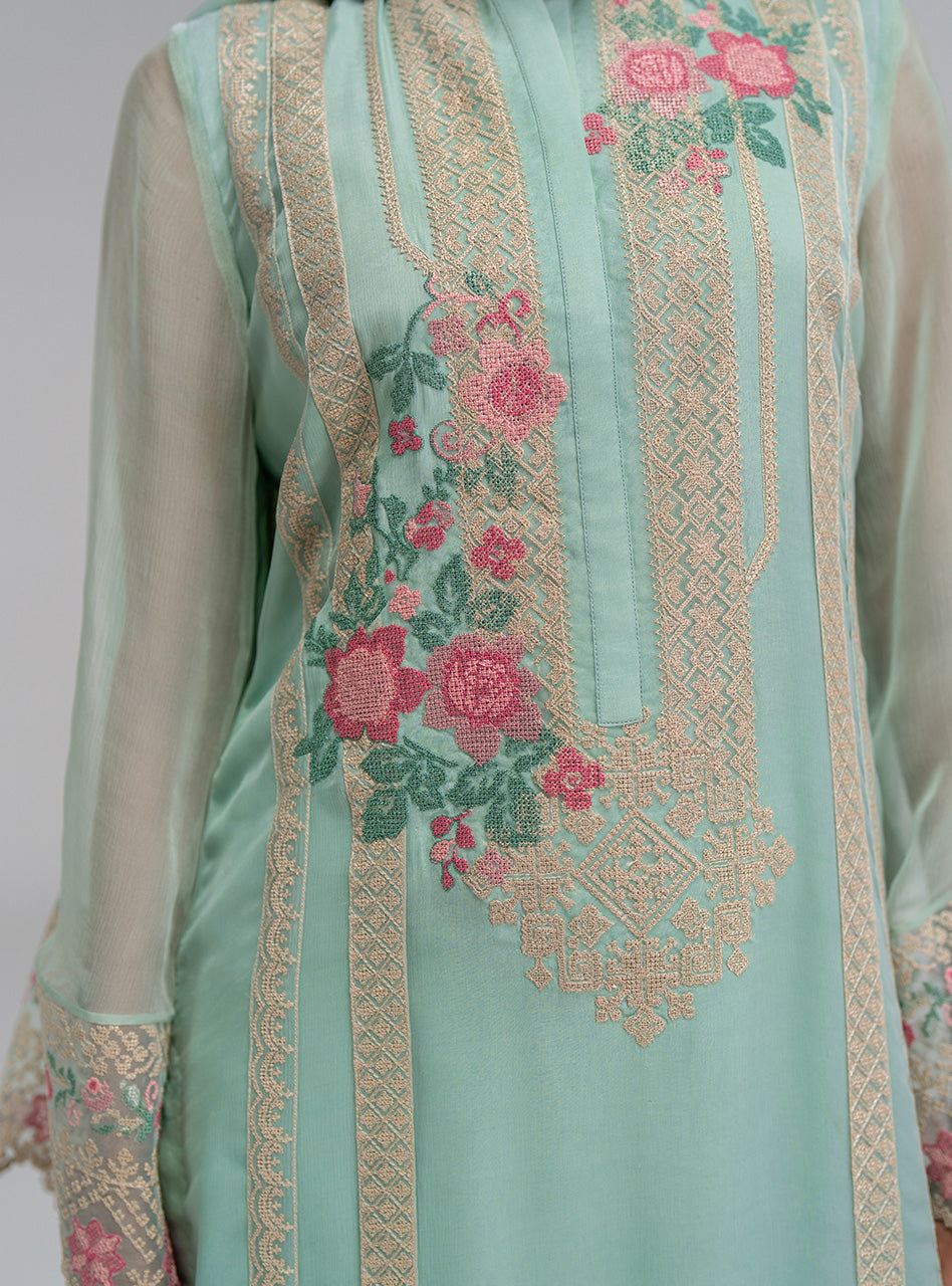 Pakistani Mint Green Embroidered Chiffon Salwar Kameez (3-Piece) - Image 4