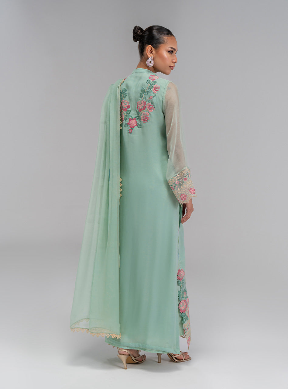 Pakistani Mint Green Embroidered Chiffon Salwar Kameez (3-Piece) - Image 5