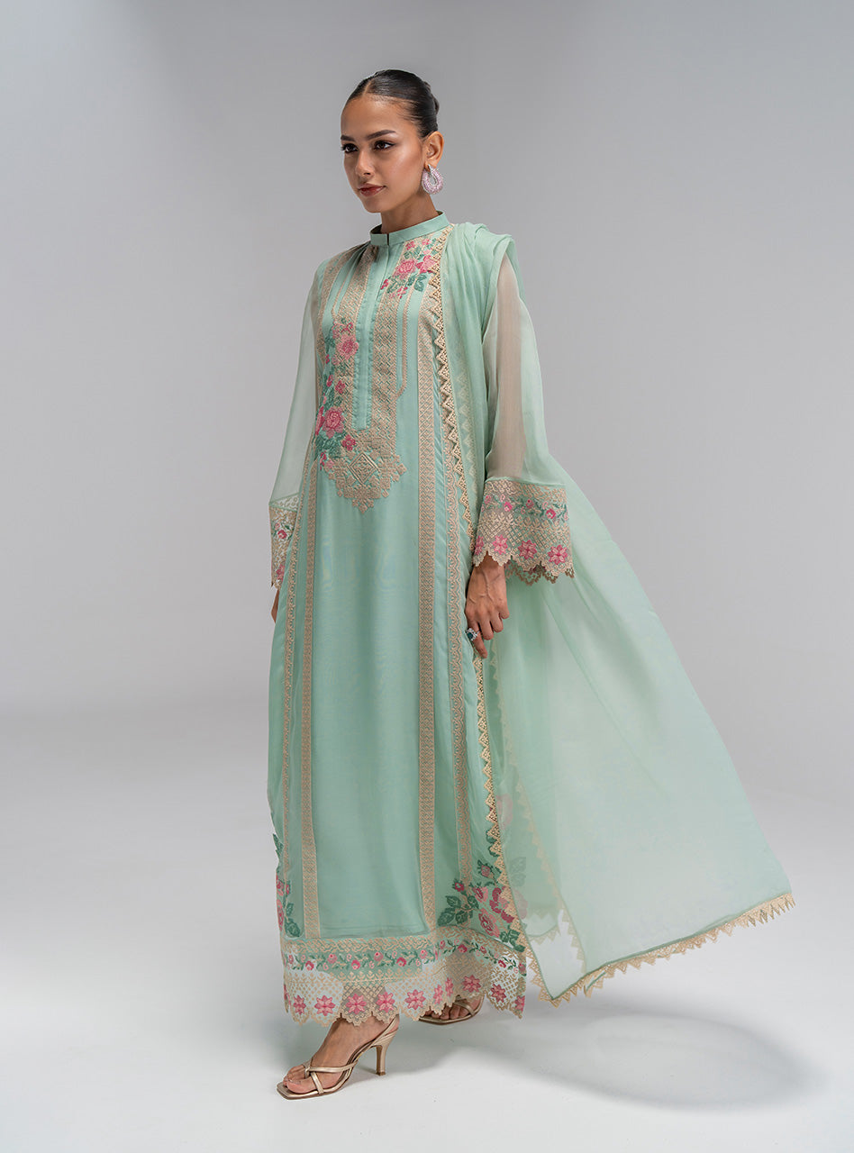 Pakistani Mint Green Embroidered Chiffon Salwar Kameez (3-Piece) - Image 6