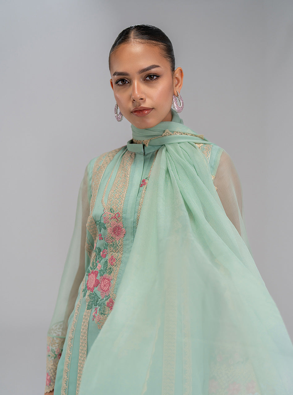 Pakistani Mint Green Embroidered Chiffon Salwar Kameez (3-Piece) - Image 7