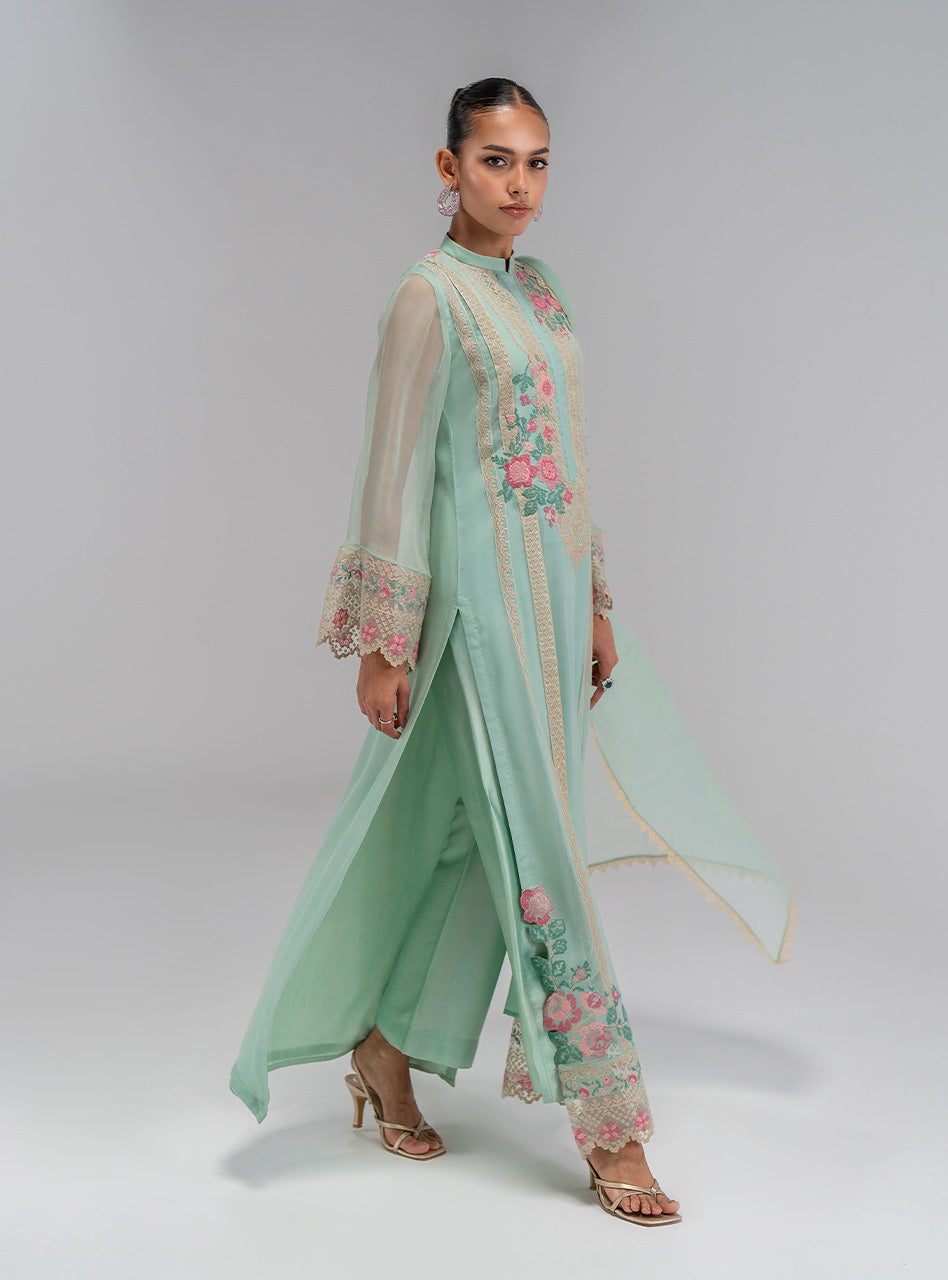 Pakistani Mint Green Embroidered Chiffon Salwar Kameez (3-Piece) - Image 8